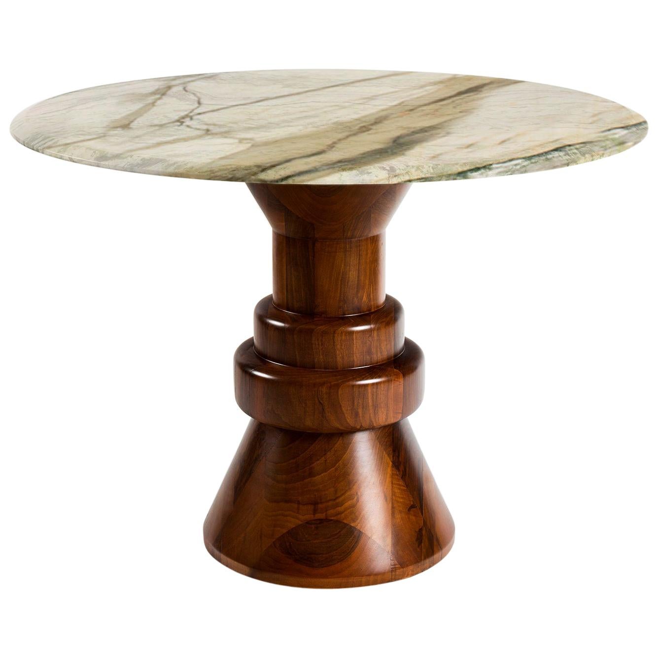 21st Century Cream Marble Round Dining Table with Sculptural Wooden Base