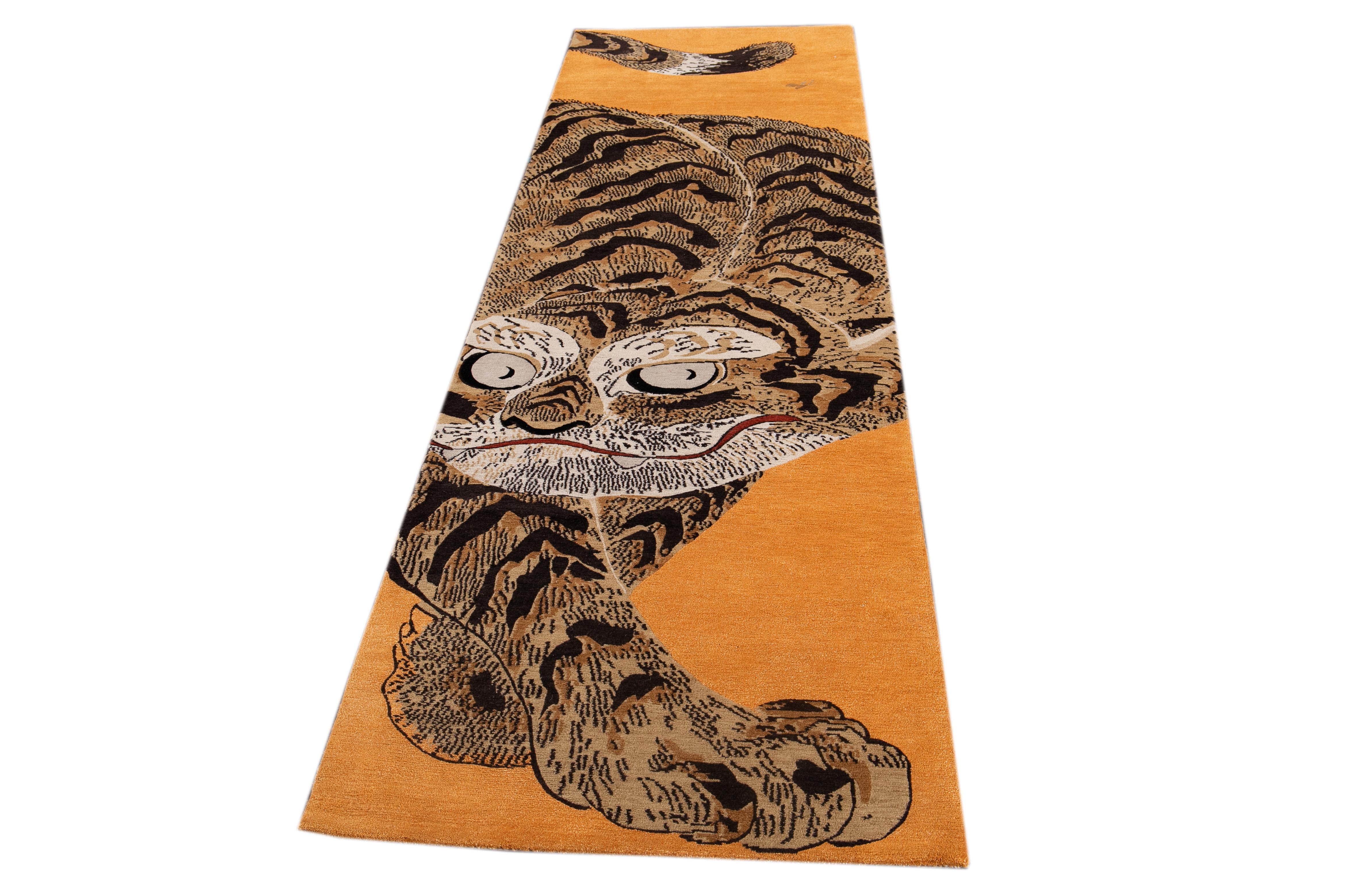 Contemporary 21st Century Crunching Tiger Art Deco Pictorial Runner Wool Rug