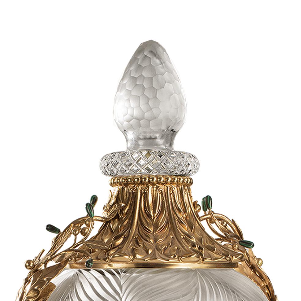 Louis XVI 21st Century Crystal  and Golden Bronze potiche with malachite stones For Sale