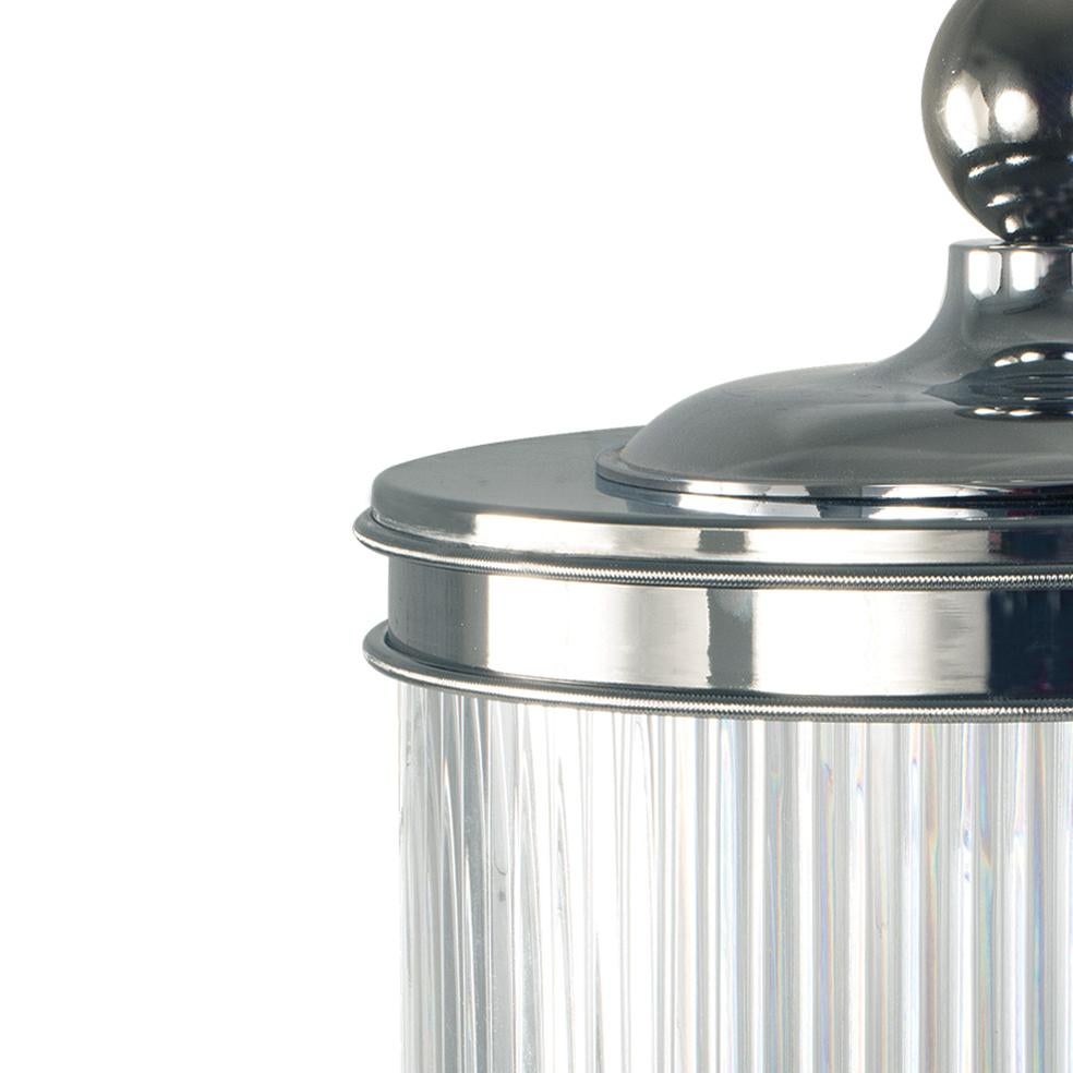 21st century hand-carved clear crystal waste-bin with silver bronze cover. 
Each object is handcrafted and the care for every detail makes each item unique in its kind.
The style of this waste-bin  is in  modern style.  Also Oggetti d'Arte will