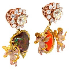 21. Jahrhundert Amor Engel Herz Feuer Opal Diamanten Rosette 18 Karat Gold Ohrring