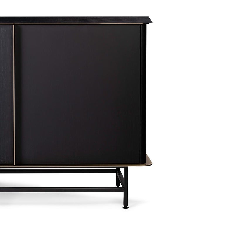 Hand-Crafted 21st Century Curio Sideboard in Black Ash, Brass Etched Steel, Made in Italy For Sale