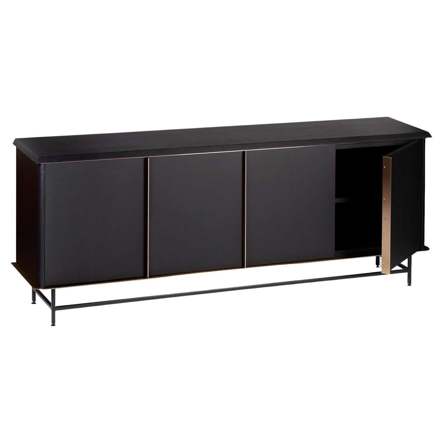 21st Century Curio Sideboard in Black Ash, Brass Etched Steel, Made in Italy For Sale