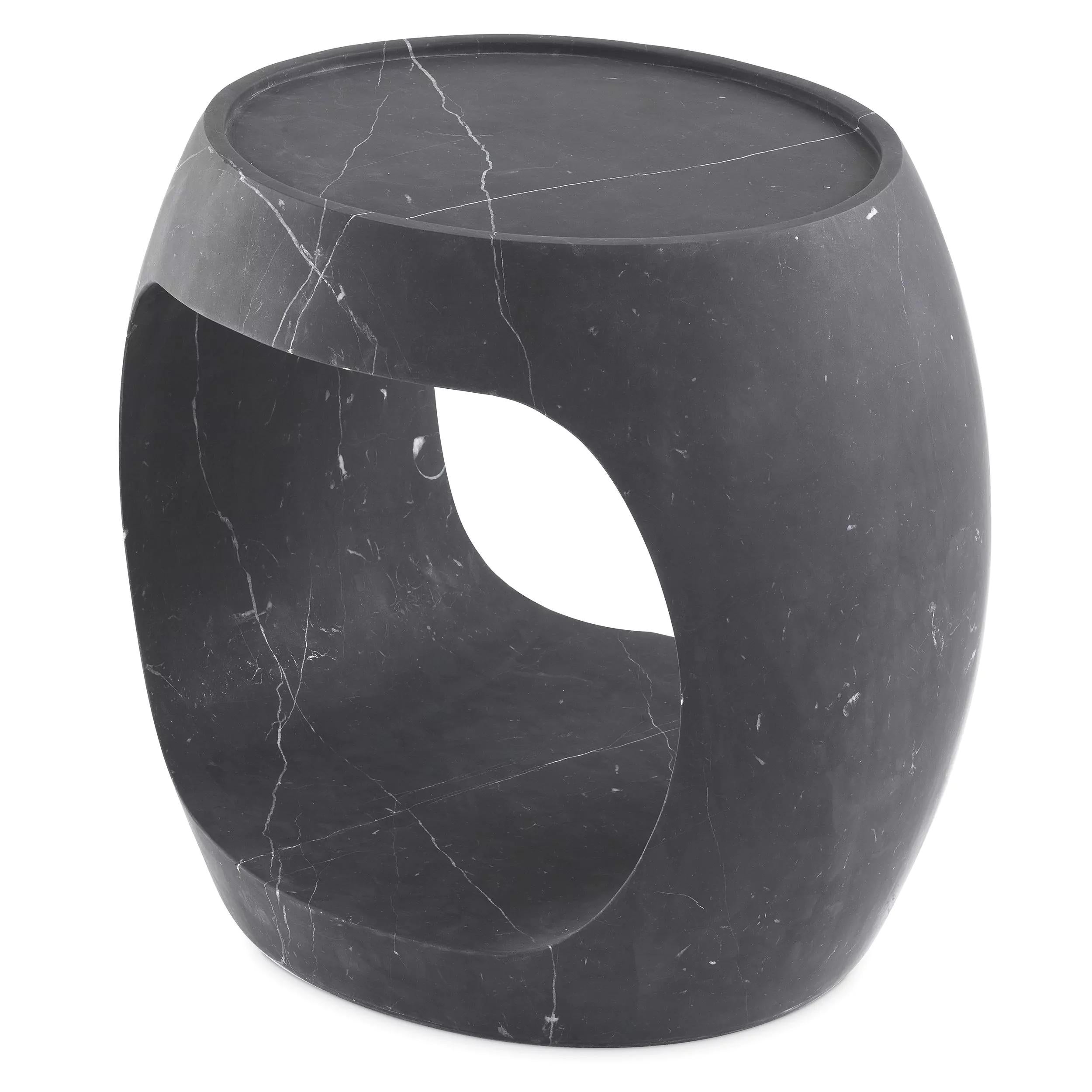 Modern 21st Century Curved Open Oval Carved Block Low Niro Black Marble Side Table