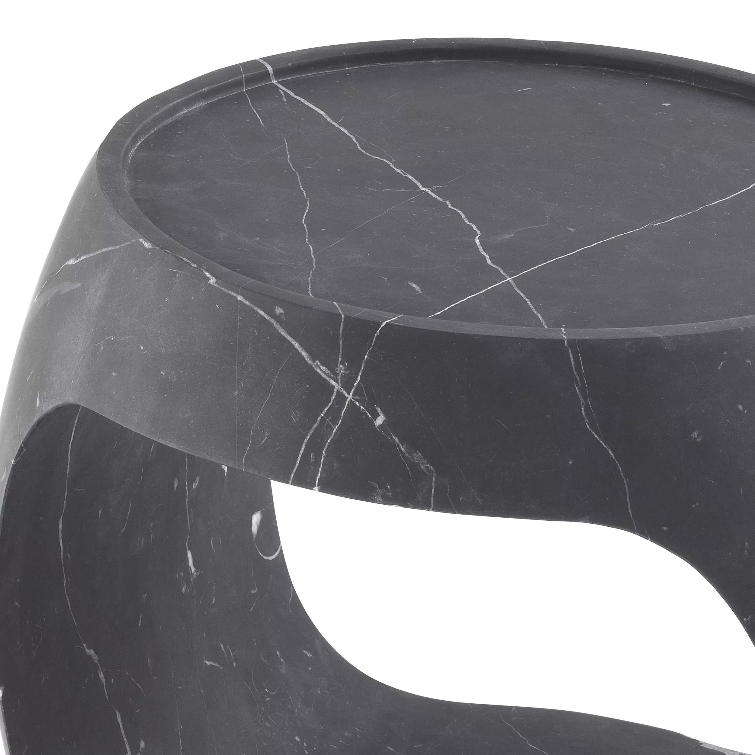 French 21st Century Curved Open Oval Carved Block Low Niro Black Marble Side Table