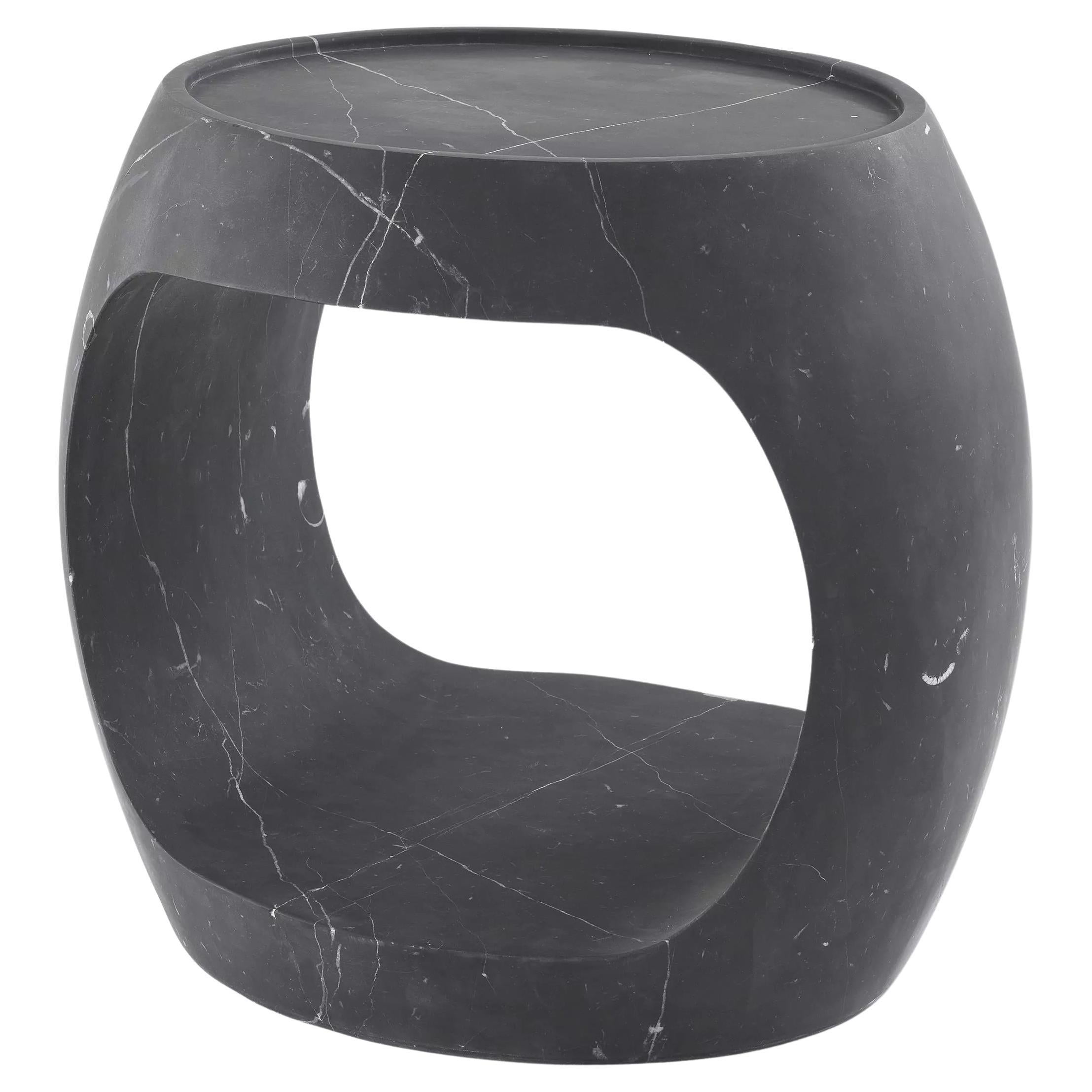 21st Century Curved Open Oval Carved Block Low Niro Black Marble Side Table