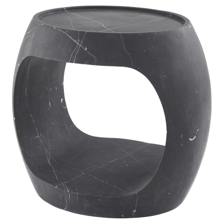 21st Century Curved Open Oval Carved Block Low Niro Black Marble Side