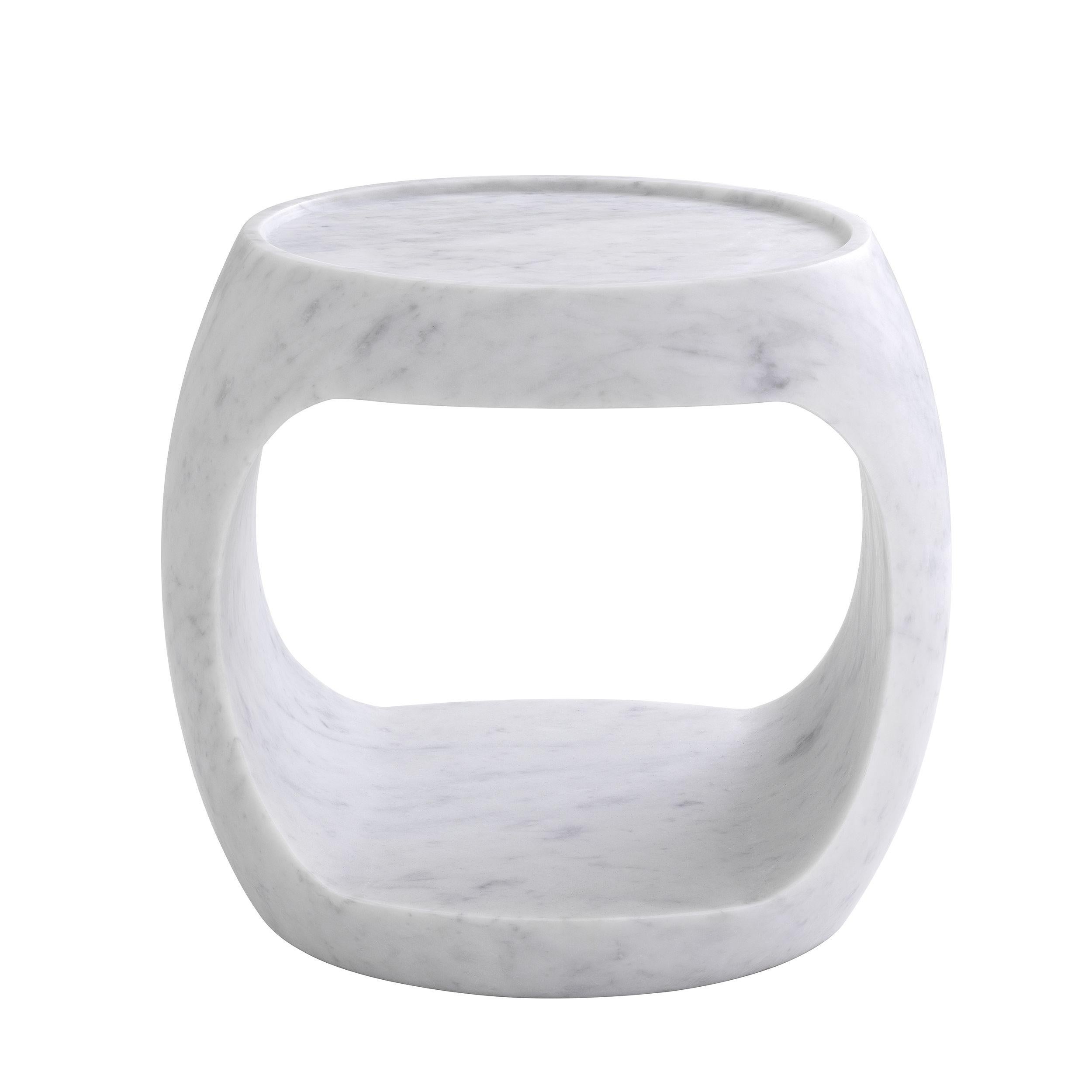 Modern 21st Century Curved Open Oval Carved Block Low White Carrera Marble Side Table