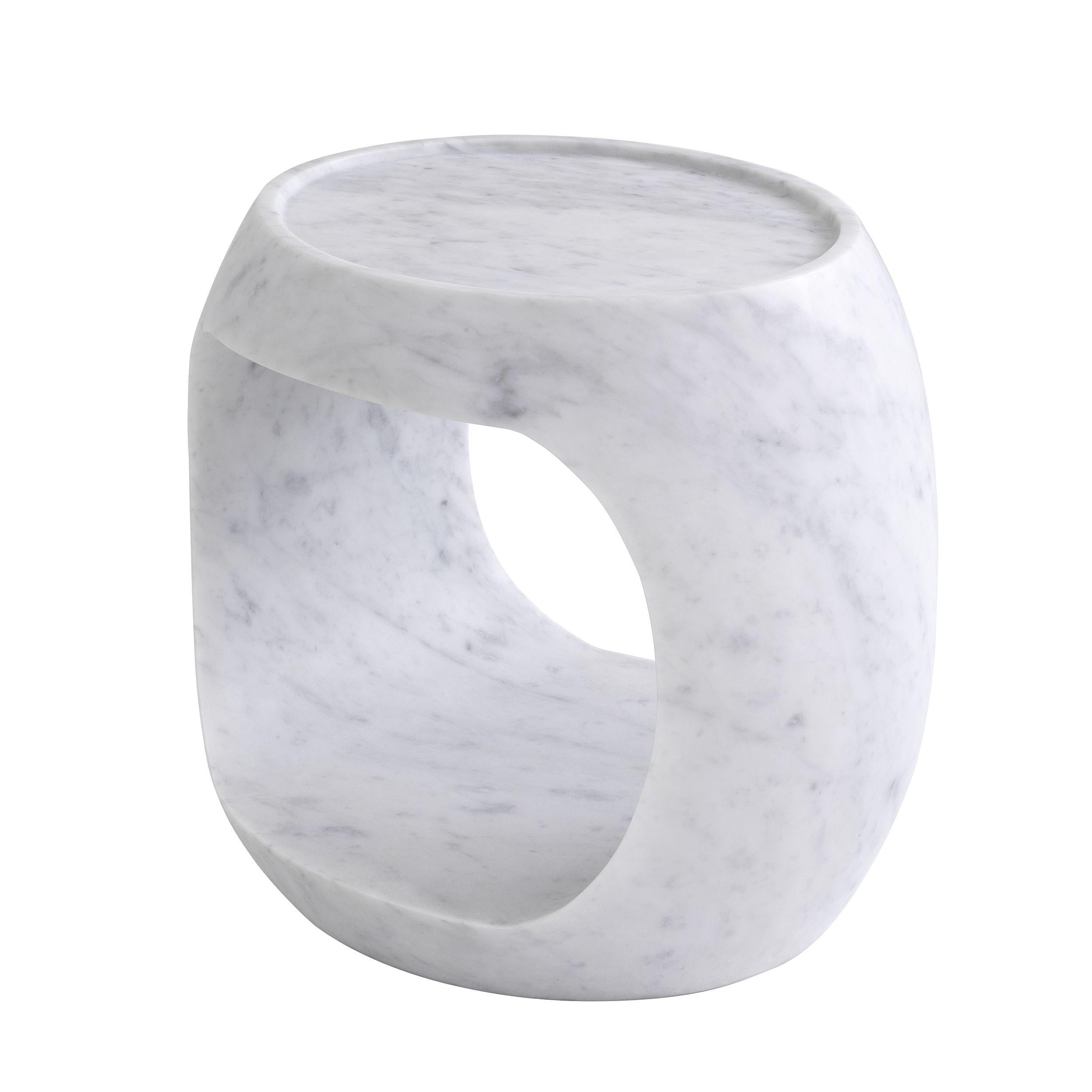 French 21st Century Curved Open Oval Carved Block Low White Carrera Marble Side Table