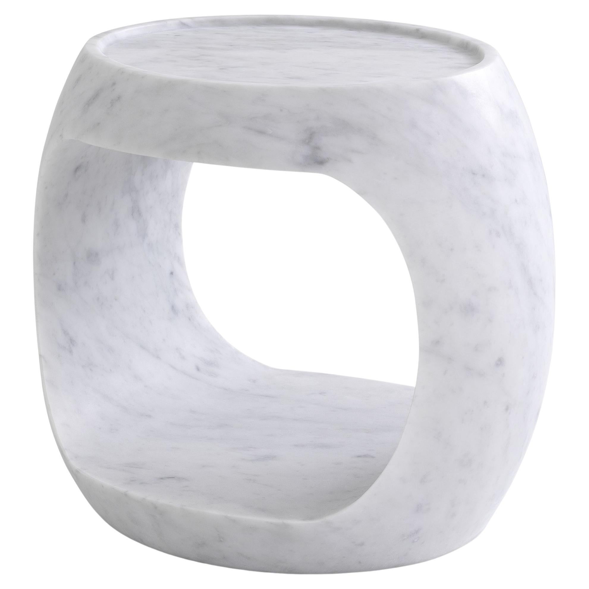 21st Century Curved Open Oval Carved Block Low White Carrera Marble Side Table