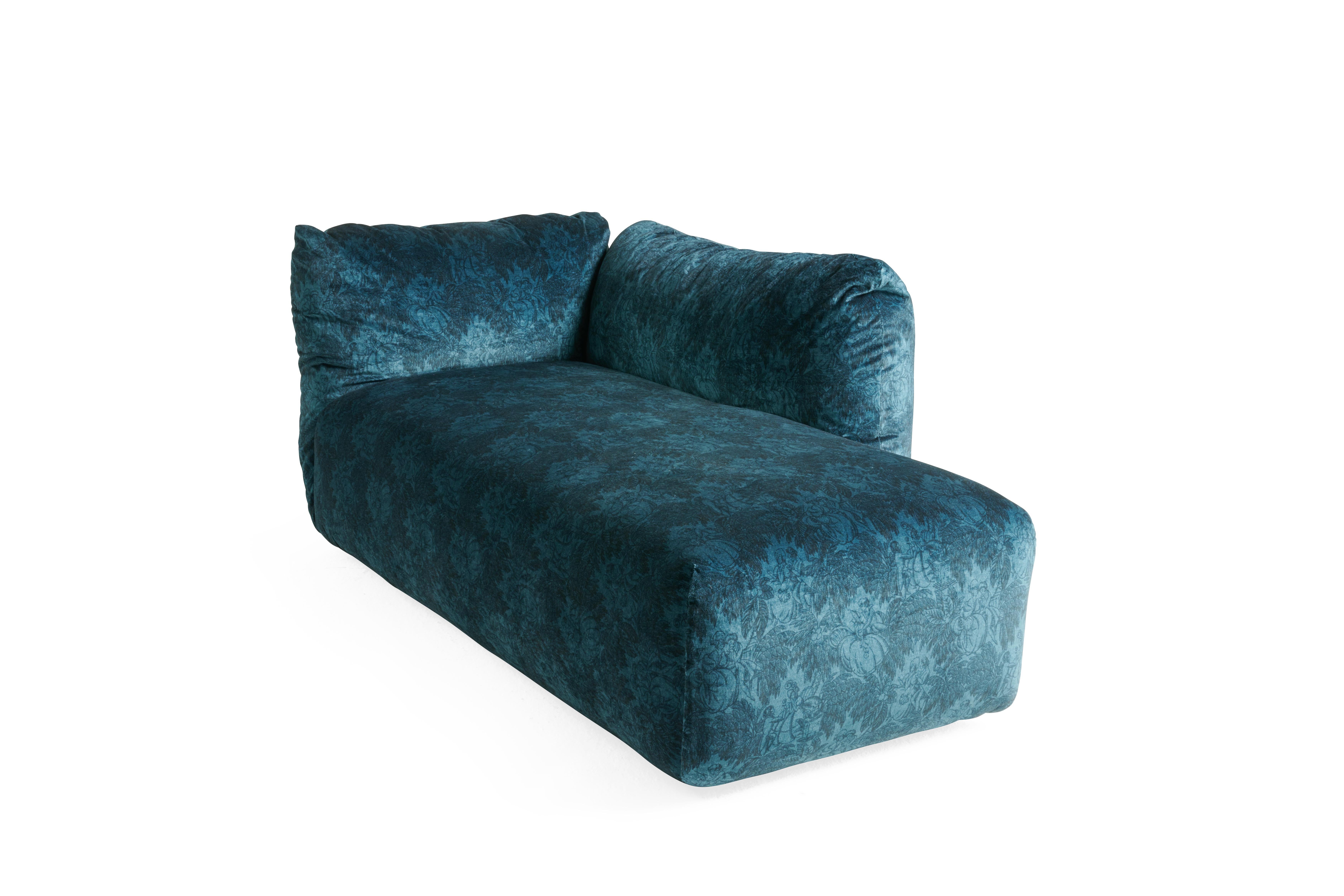 Italian 21st Century Cushy Dormeuse Left Armrest in Blue Velvet by Etro Home Interiors For Sale