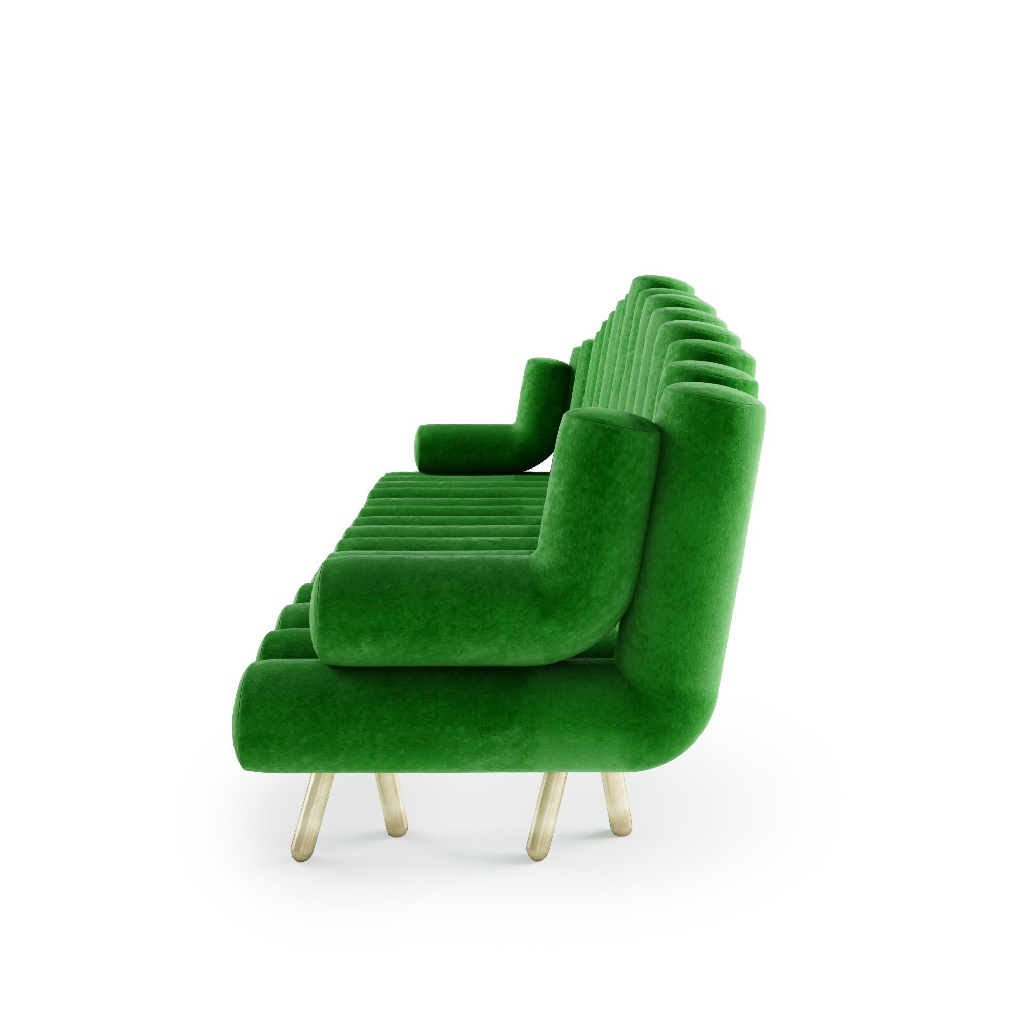 Polished Green Velvet Sofa With Brass Legs For Sale