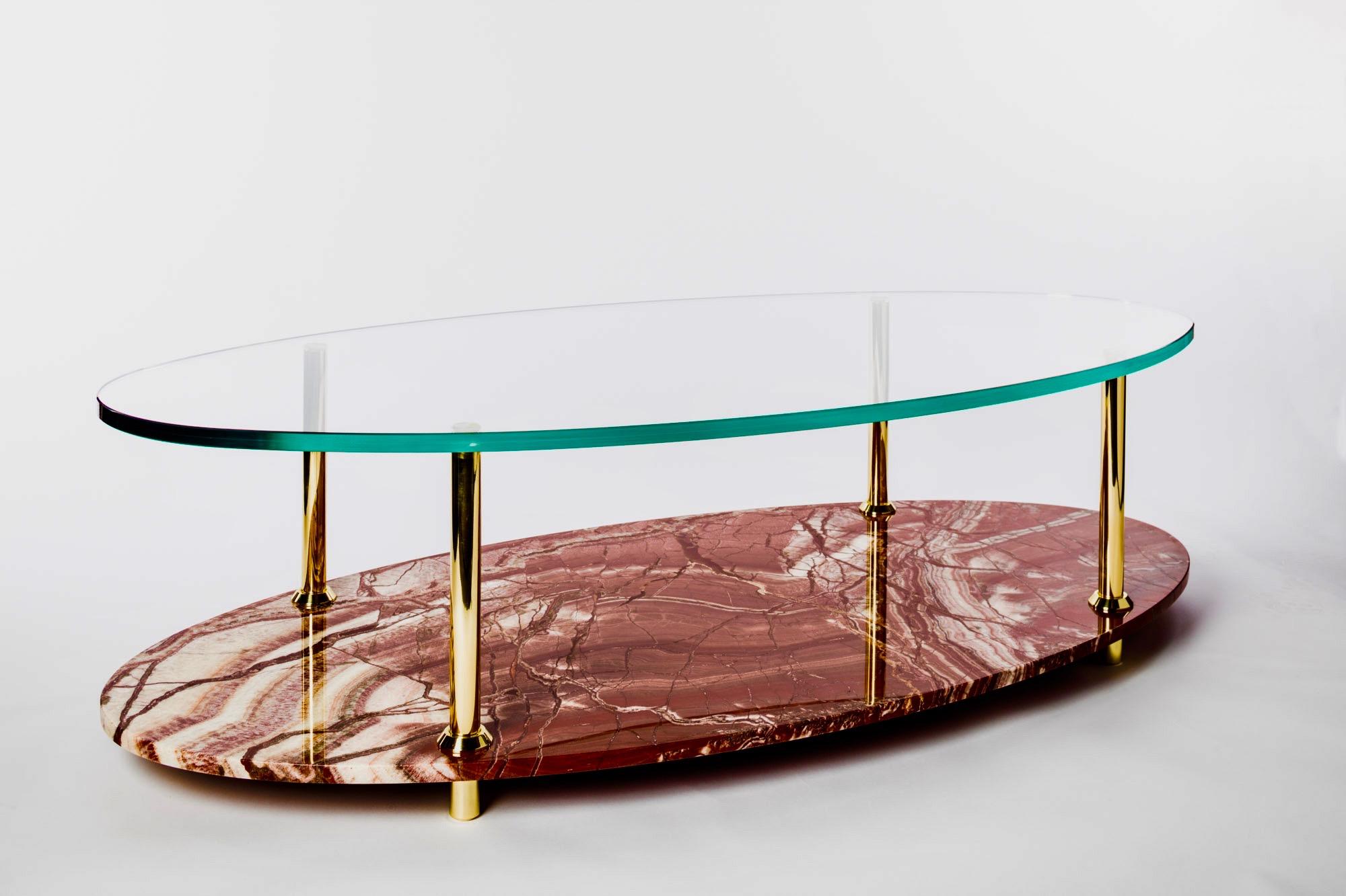 Coffee Table With Italian Marble Glass Top And Solid Brass Legs In New Condition For Sale In Toronto, Ontario