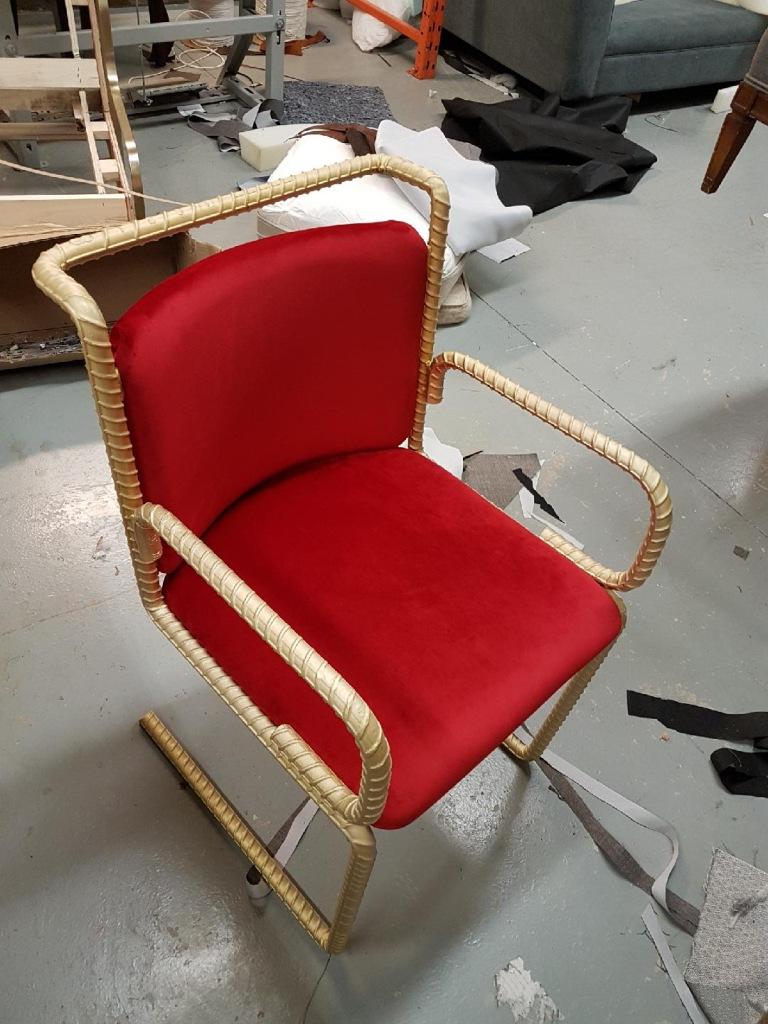 Art Deco Gold Rebar Chair With Red Velvet Upholstery For Sale