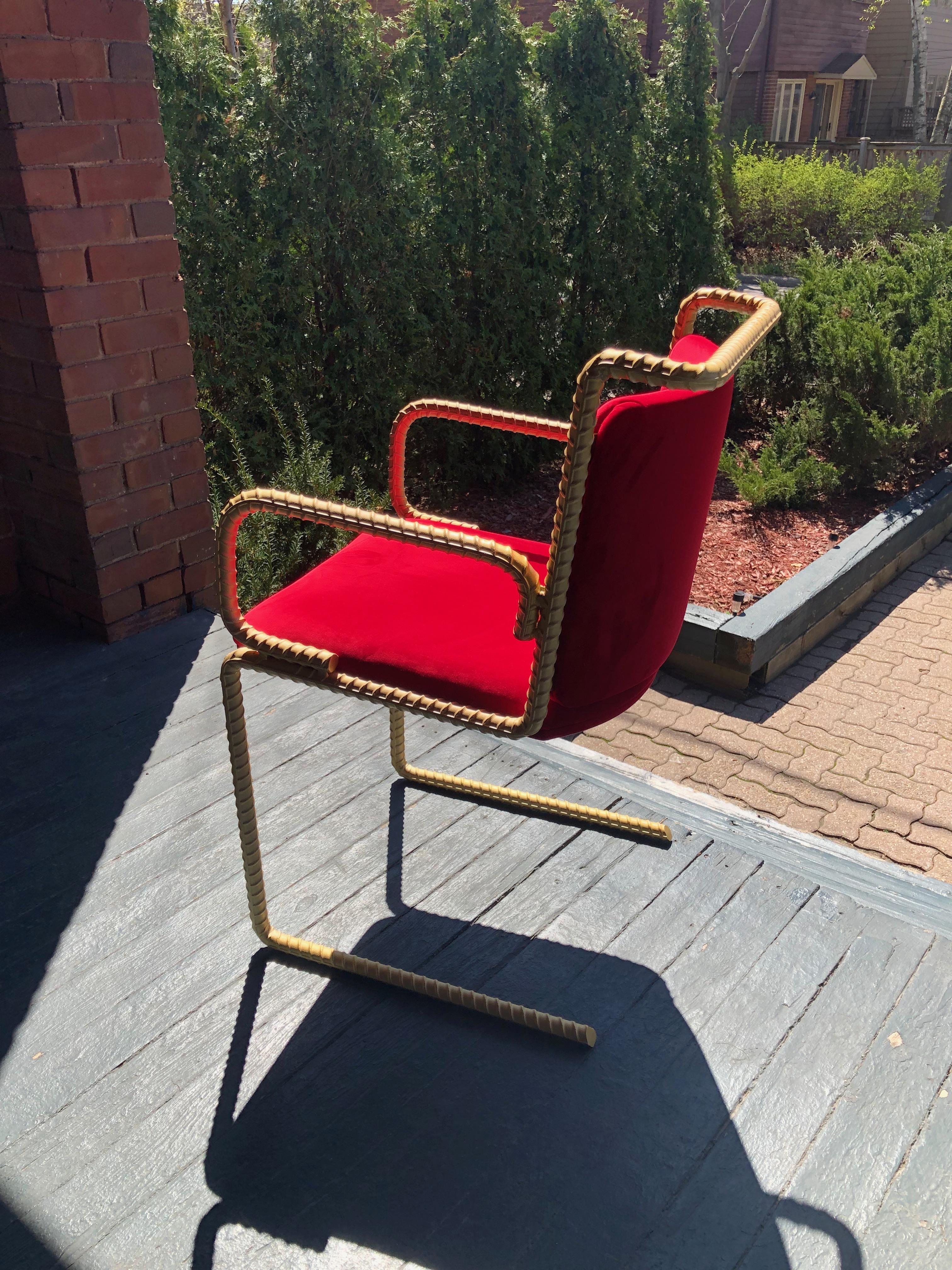 Canadian Gold Rebar Steel Chair With Red Velvet Upholstery For Sale