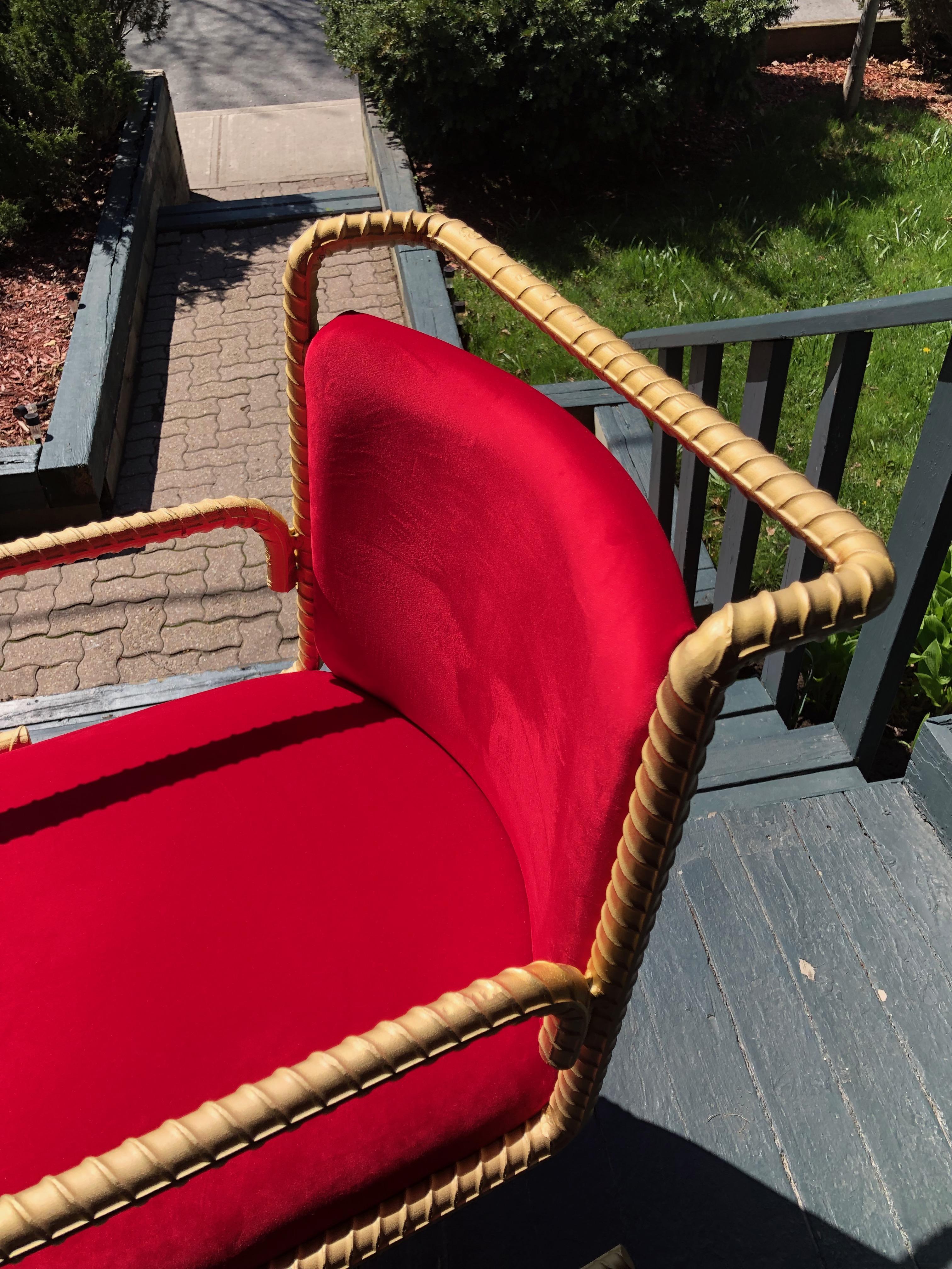 Metalwork Gold Rebar Steel Chair With Red Velvet Upholstery For Sale