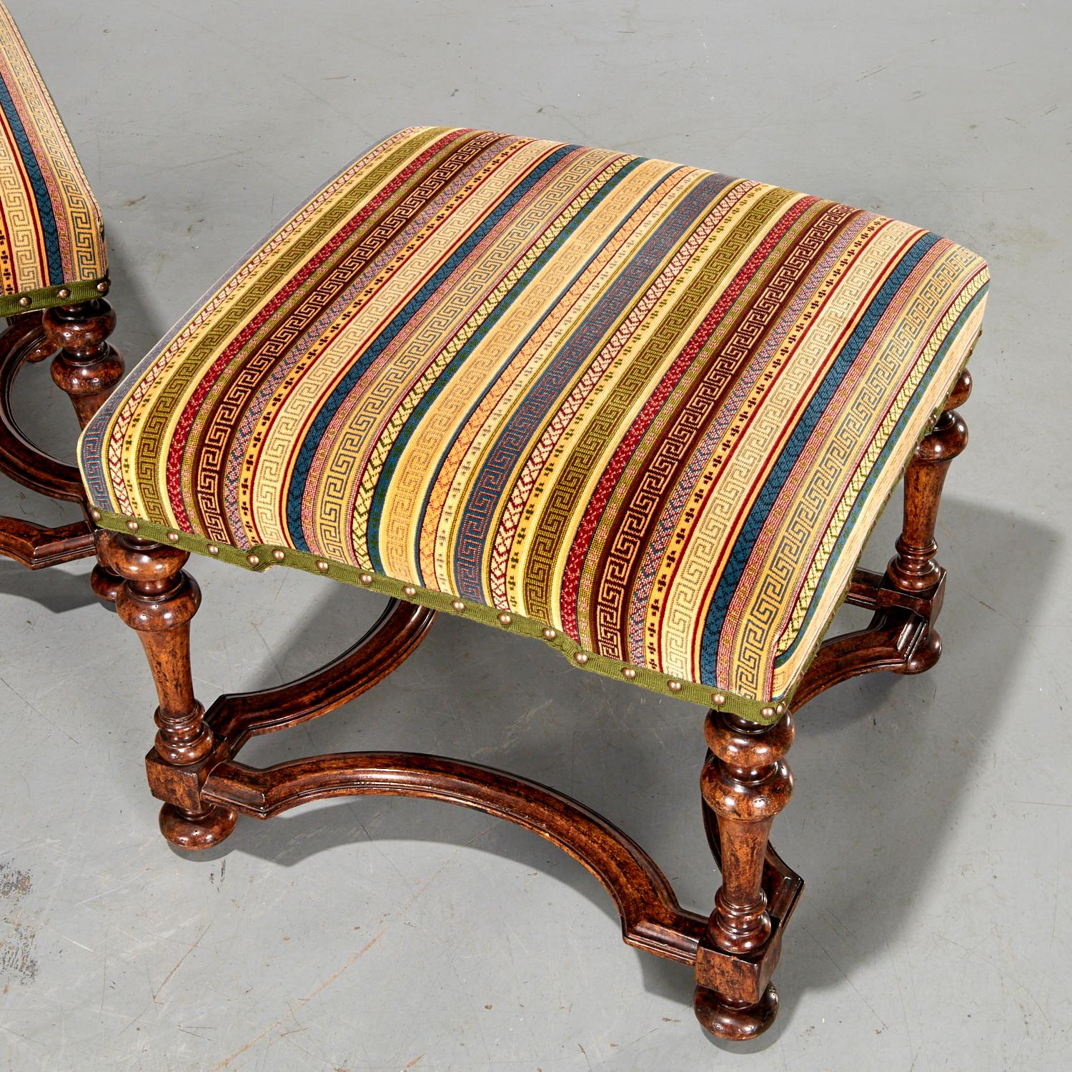 21st Century Custom Pair of Louis XIV Style Walnut Stools by Formations, CA, USA
Marked with Formations label to underside

Description:
A richly detailed pair of Louis XIV-style stools by esteemed Los Angeles-based atelier Formations, known for