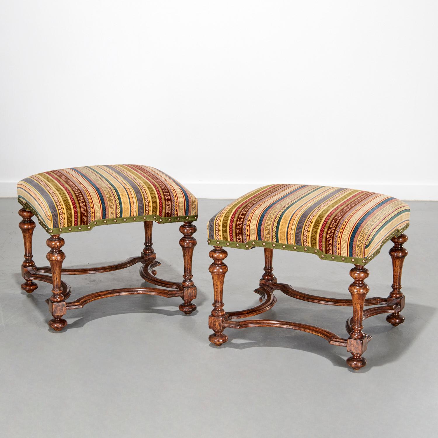 21st Century Custom Pair of Louis XIV Style Walnut Stools by Formations, CA, USA For Sale 1