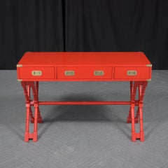 21st Century Custom Red Campaign Style Desk with Brass Accents