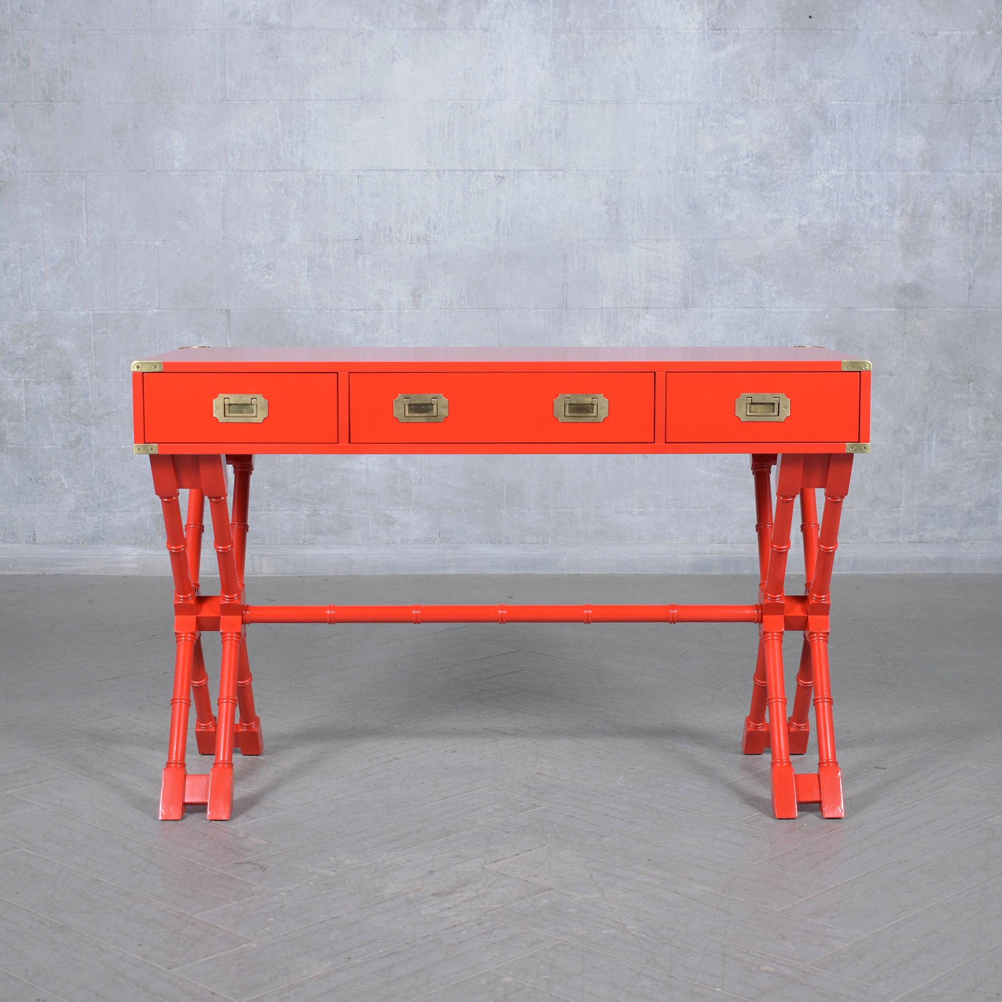 Regency 21st Century Custom Red Campaign Style Desk with Brass Accents