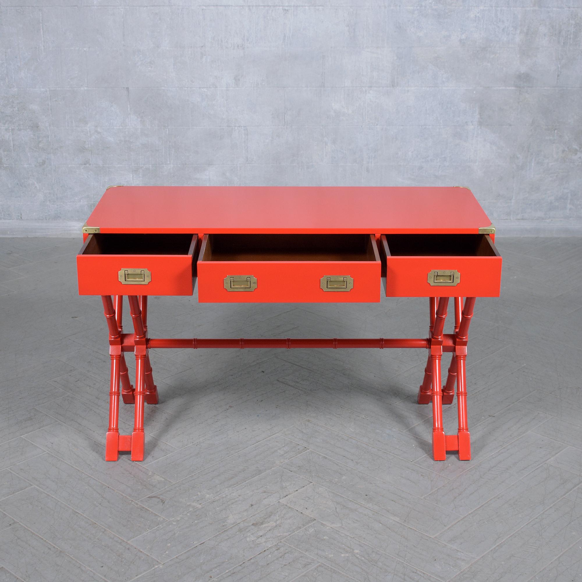 European 21st Century Custom Red Campaign Style Desk with Brass Accents