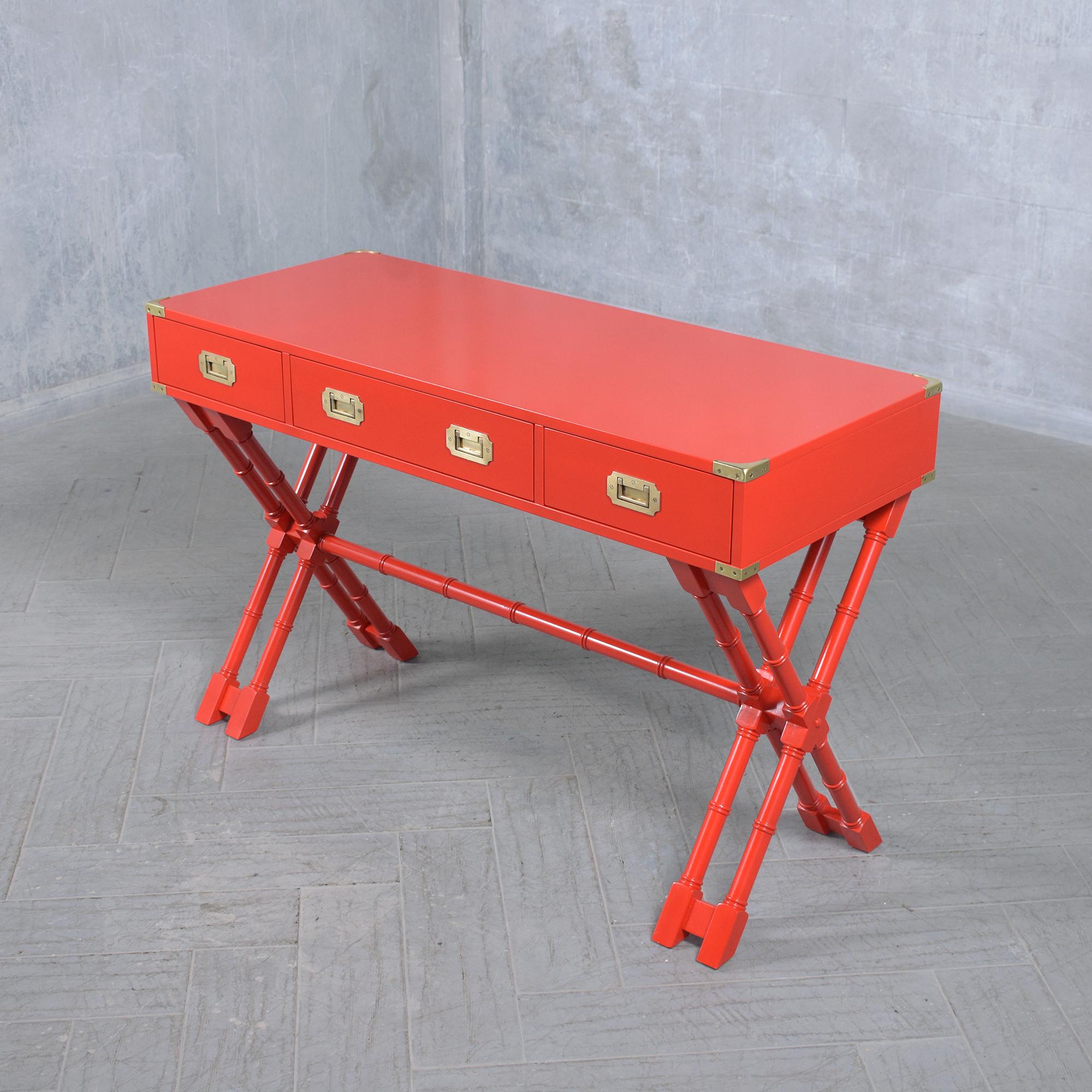 Plated 21st Century Custom Red Campaign Style Desk with Brass Accents