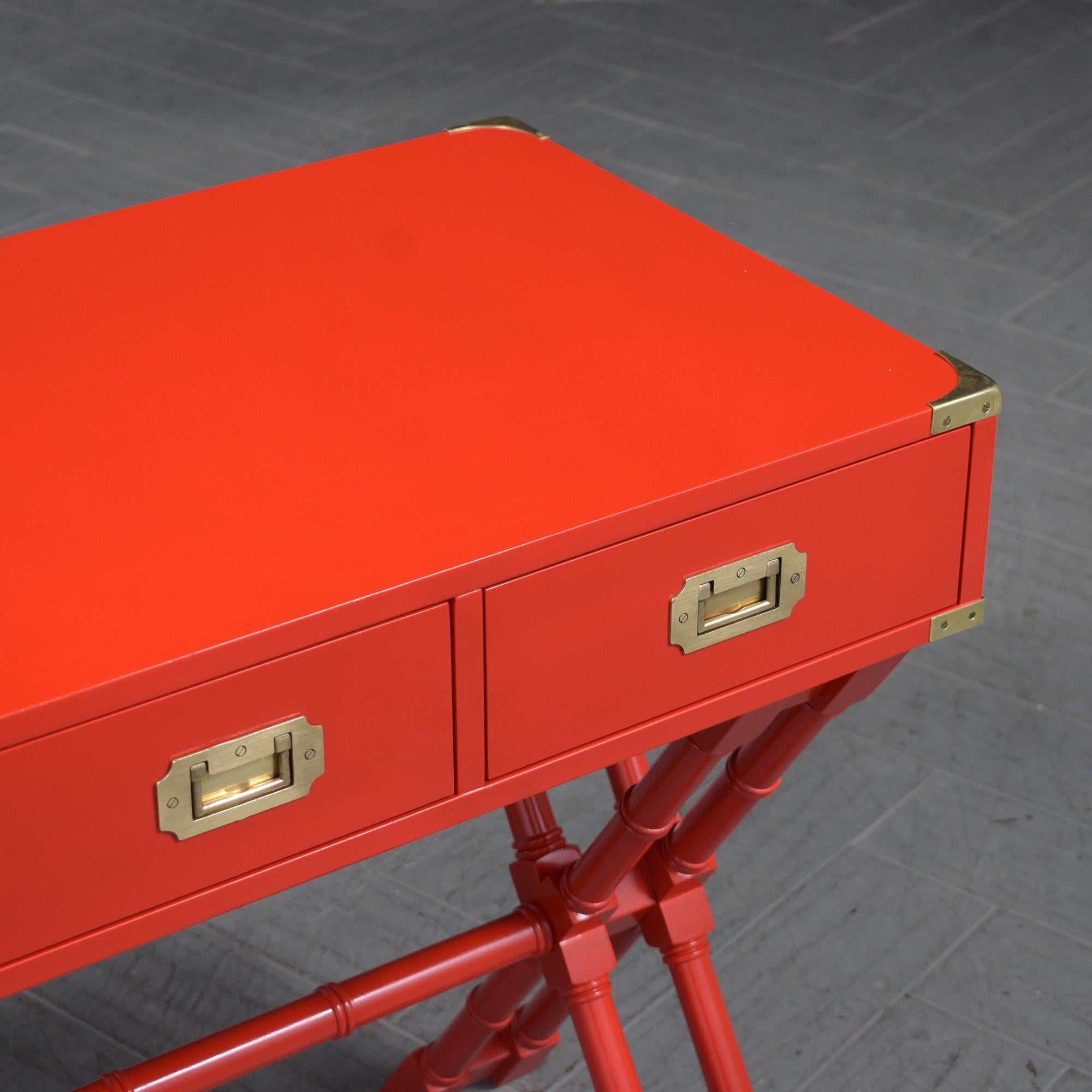 Lacquer 21st Century Custom Red Campaign Style Desk with Brass Accents