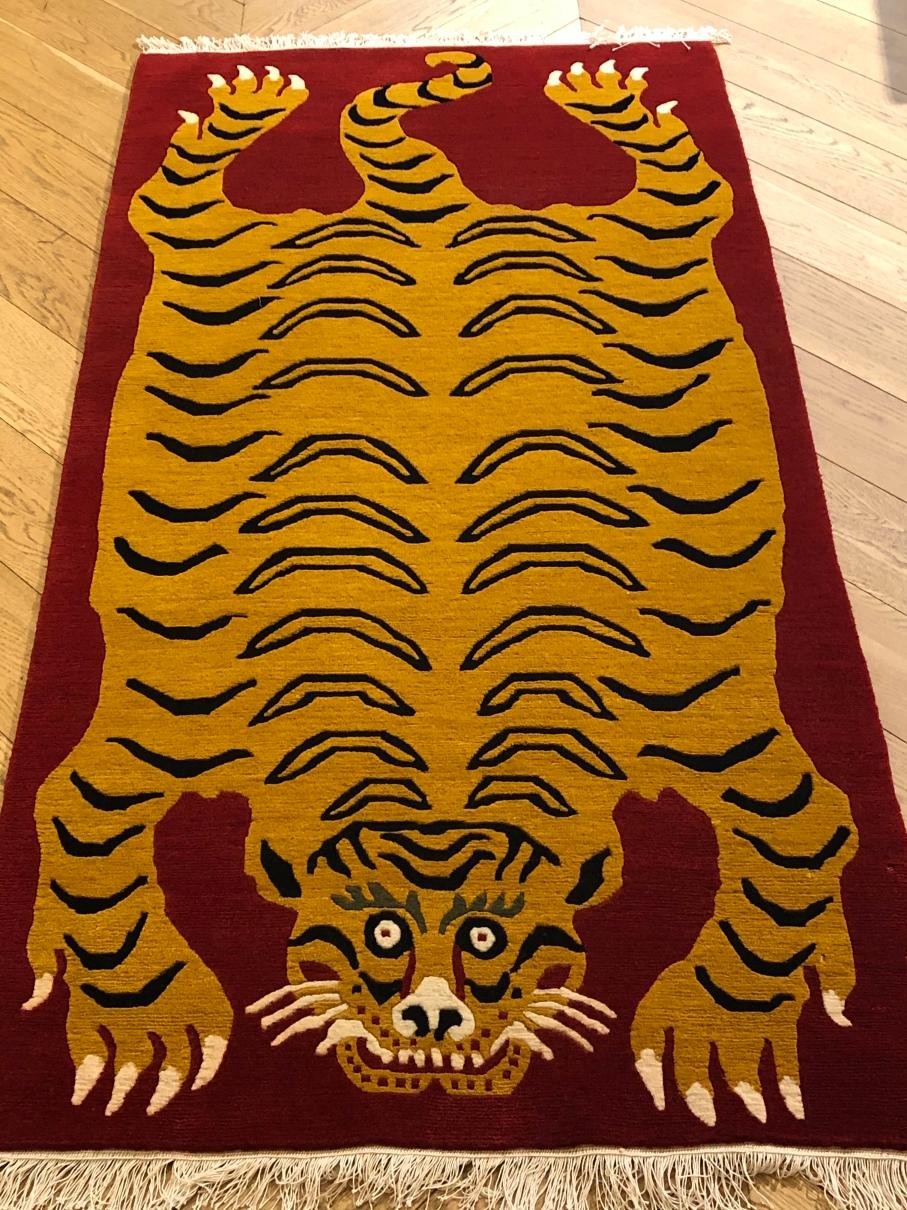 Hand-Knotted 21st Century Customizable Red and Yellow Tiger Tibetan Prayer Rug , 2019 For Sale