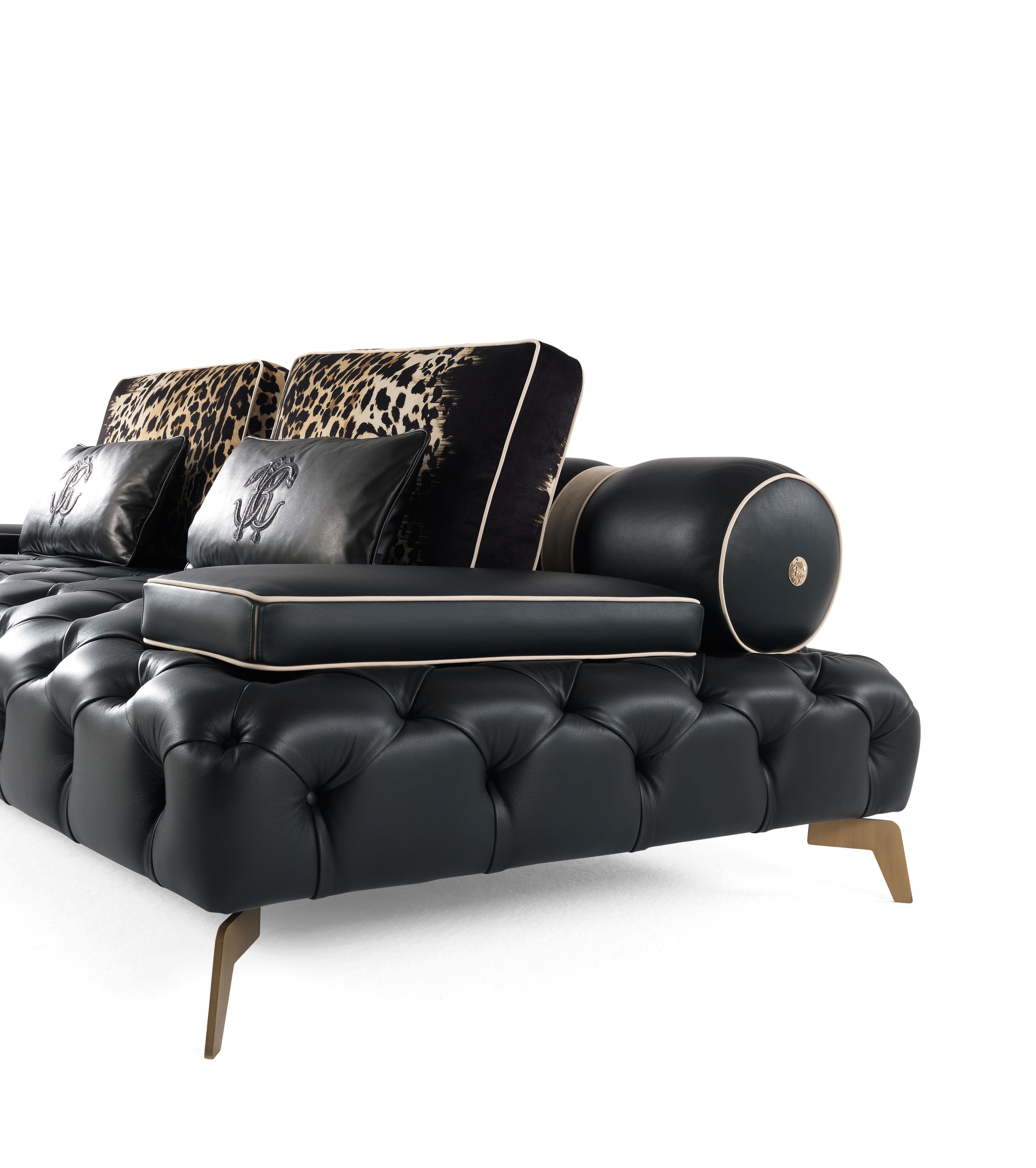 Modern 21st Century Darlington Sofa in Black Leather by Roberto Cavalli Home Interiors For Sale