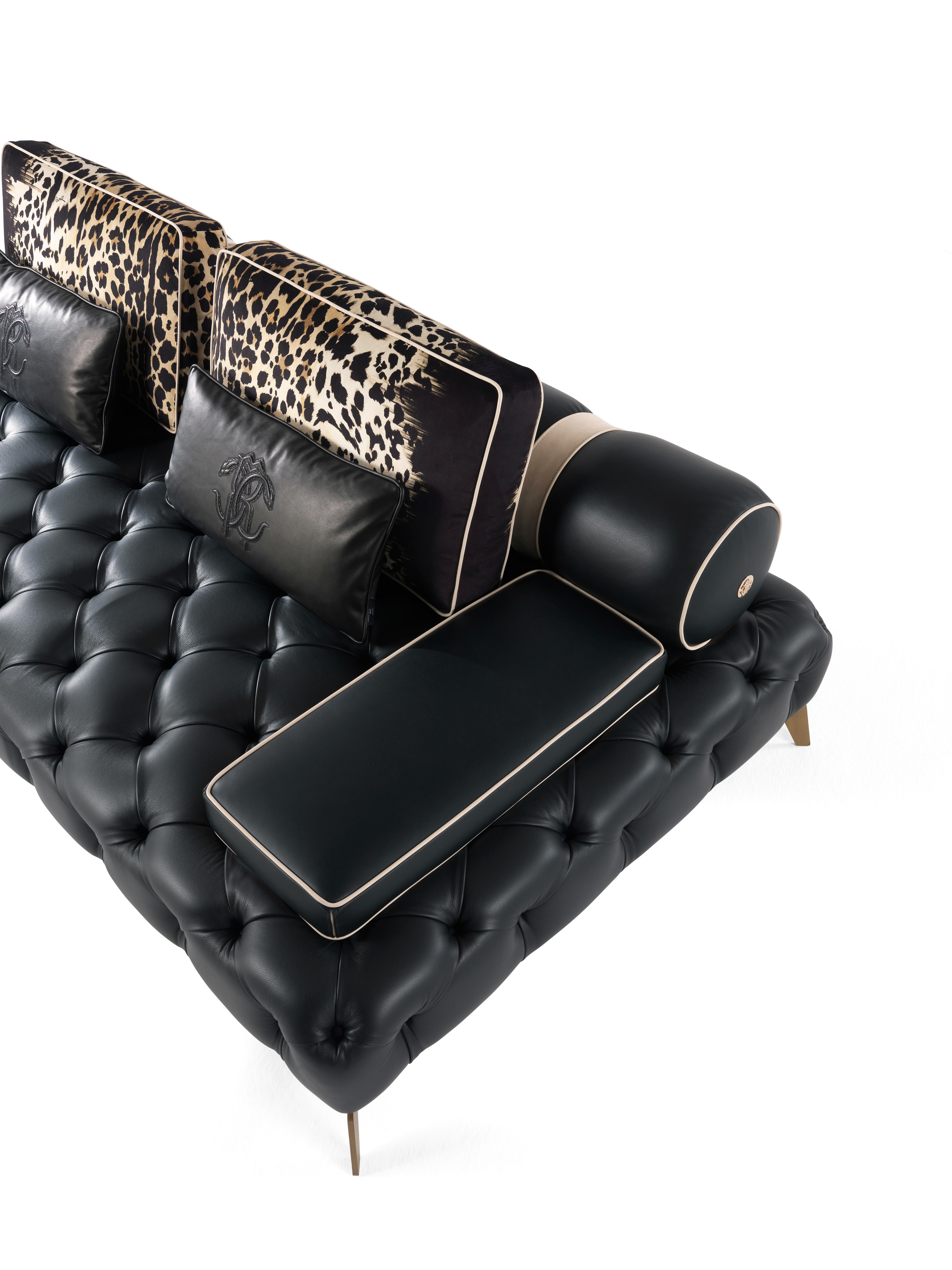 Italian 21st Century Darlington Sofa in Black Leather by Roberto Cavalli Home Interiors For Sale