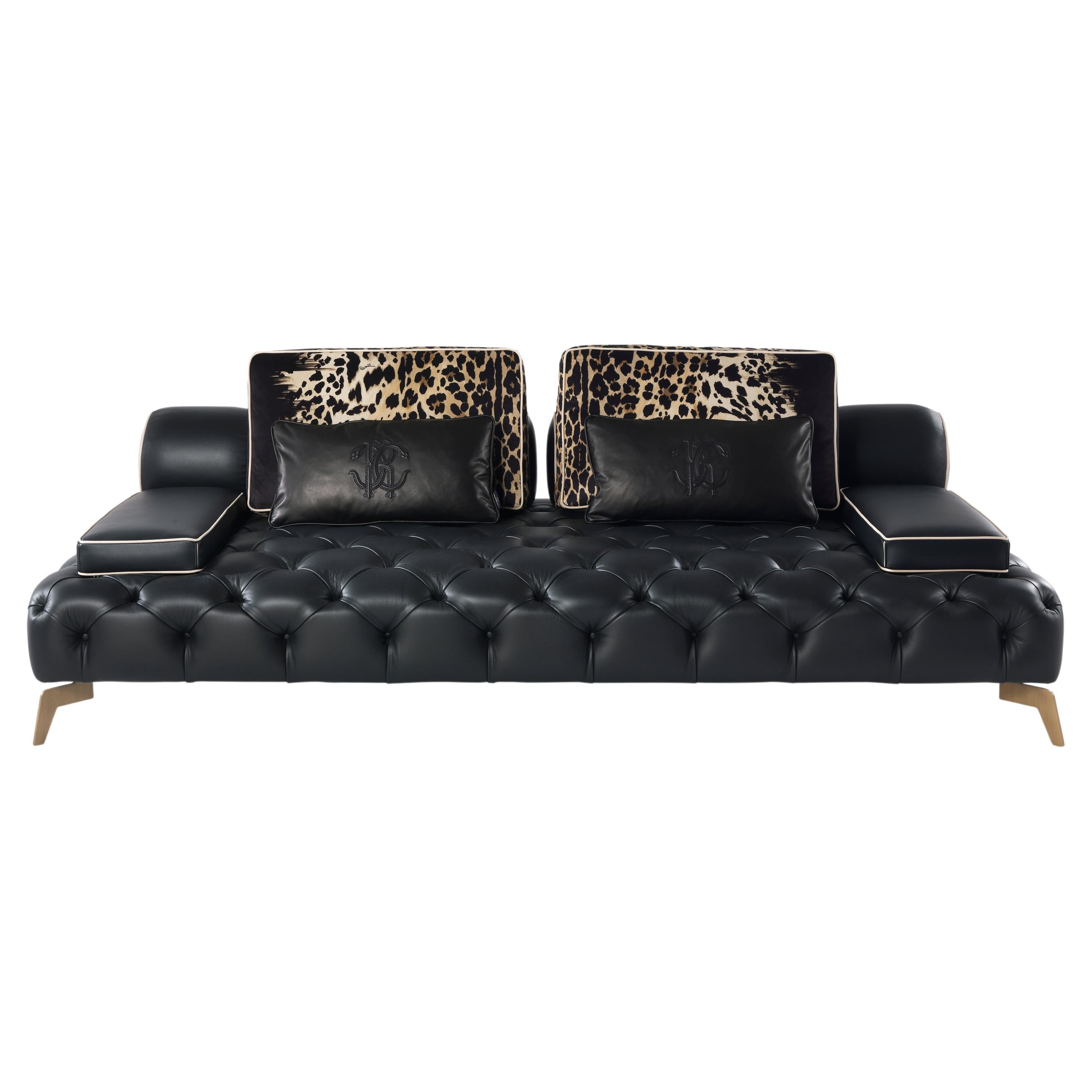 21st Century Darlington Sofa in Black Leather by Roberto Cavalli Home Interiors For Sale