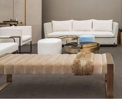 21st Century Dawn Bench, Beige Velvet and Fur, Upholstery and Brass Legs