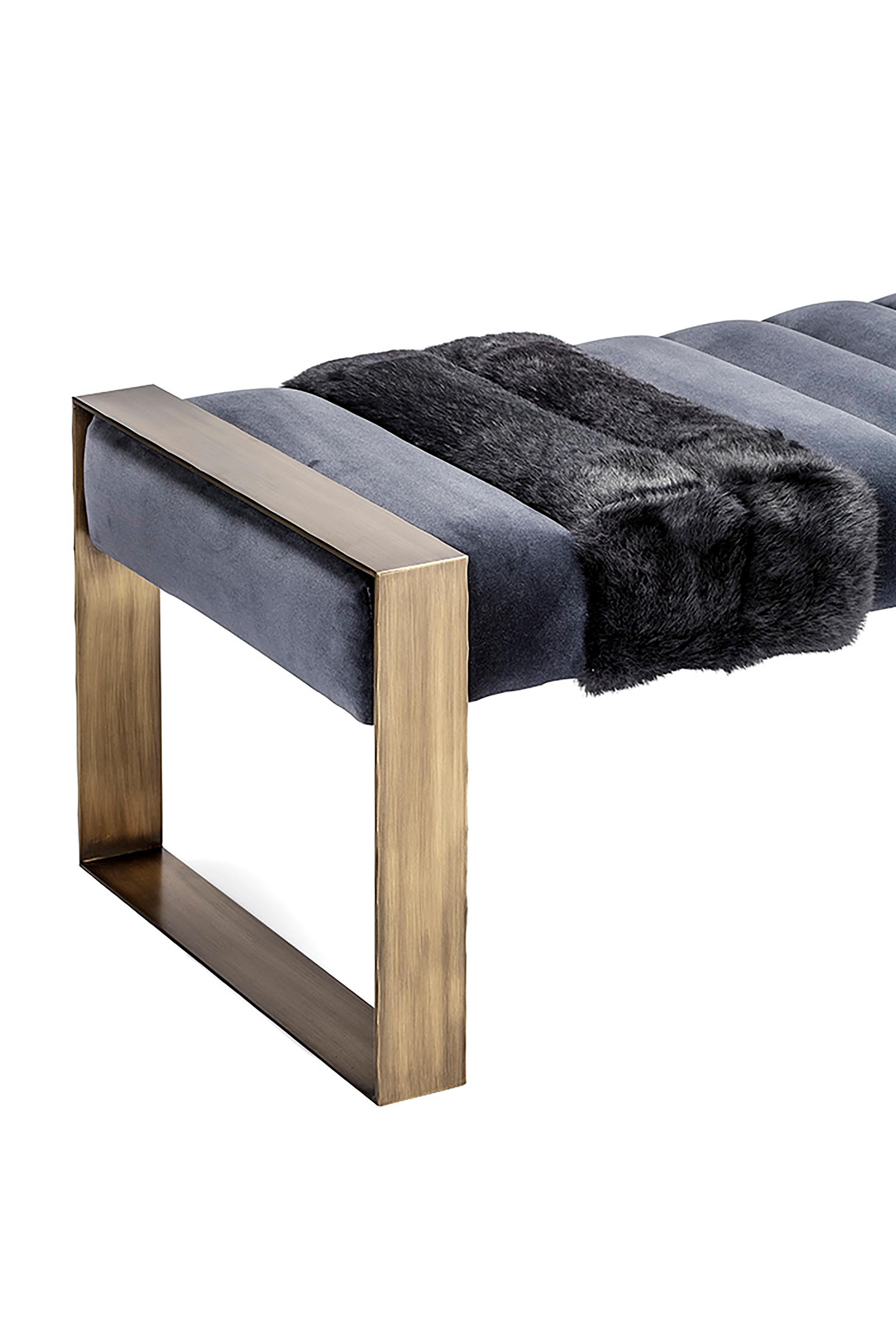 Dawn Bench, Velvet Upholstery and Brass Legs, Handcrafted in Portugal by Duistt

The DAWN bench is a statement design piece. The name dawn is inspired by the pieces clear horizontal lines and stability that the stripes and open structure provides