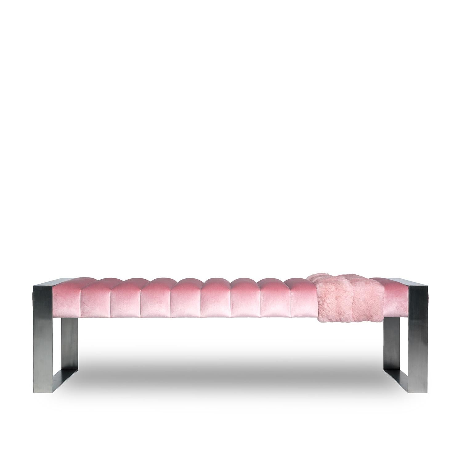 Dawn Bench, Velvet Upholstery and Brass Legs, Handcrafted in Portugal by Duistt

The DAWN bench is a statement design piece. The name dawn is inspired by the pieces clear horizontal lines and stability that the stripes and open structure provides