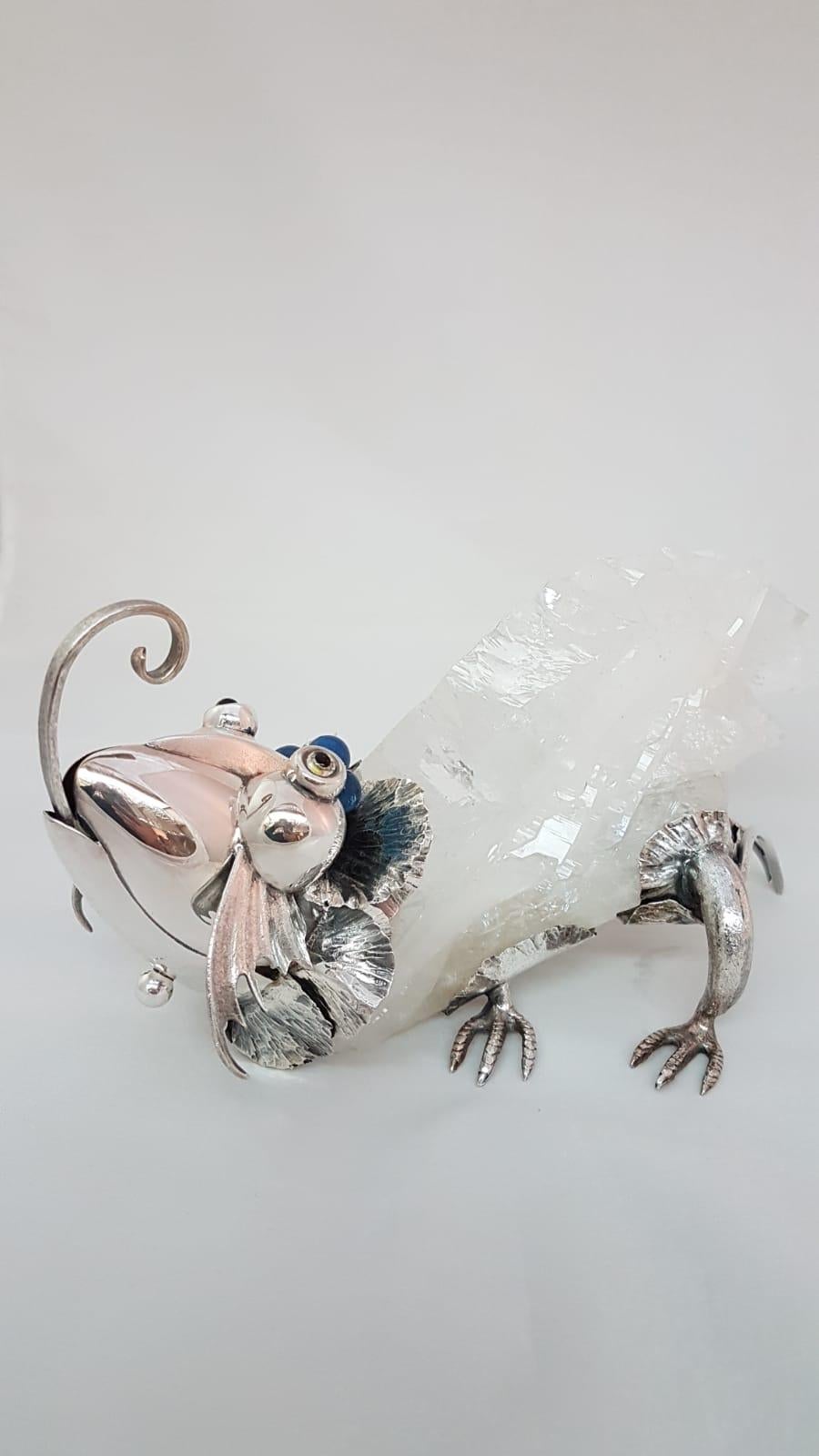 21st Century De Vecchi Sterling Silver Crystal Rock Animal Sculpture In New Condition For Sale In Cosenza, IT