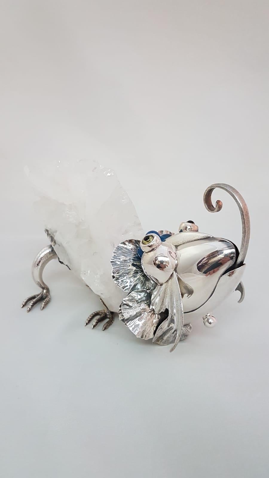 Agate 21st Century De Vecchi Sterling Silver Crystal Rock Animal Sculpture For Sale