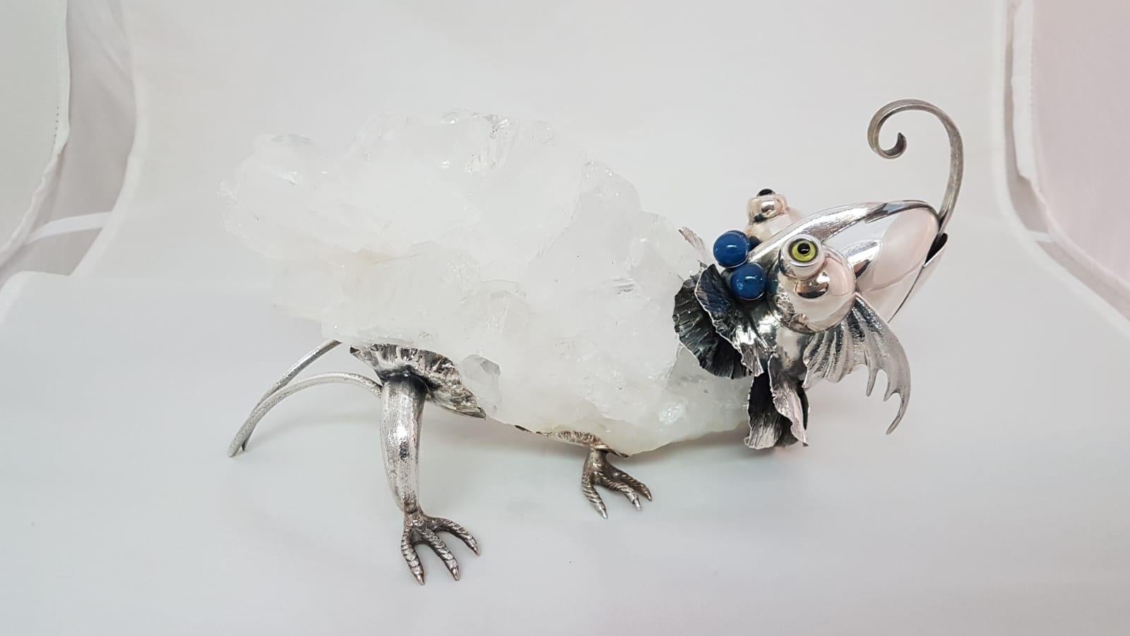 21st Century De Vecchi Sterling Silver Crystal Rock Animal Sculpture For Sale 1