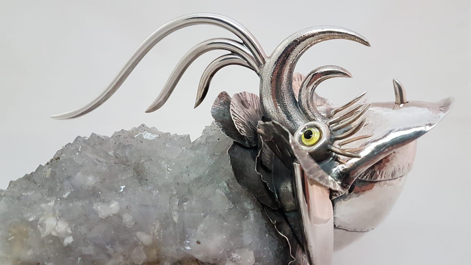 Italian 21st Century De Vecchi Sterling Silver Crystal Rock Fantastic Animal Sculpture For Sale