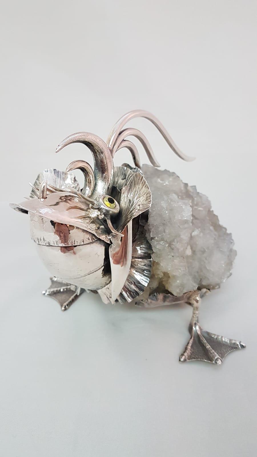 21st Century De Vecchi Sterling Silver Crystal Rock Fantastic Animal Sculpture In New Condition For Sale In Cosenza, IT