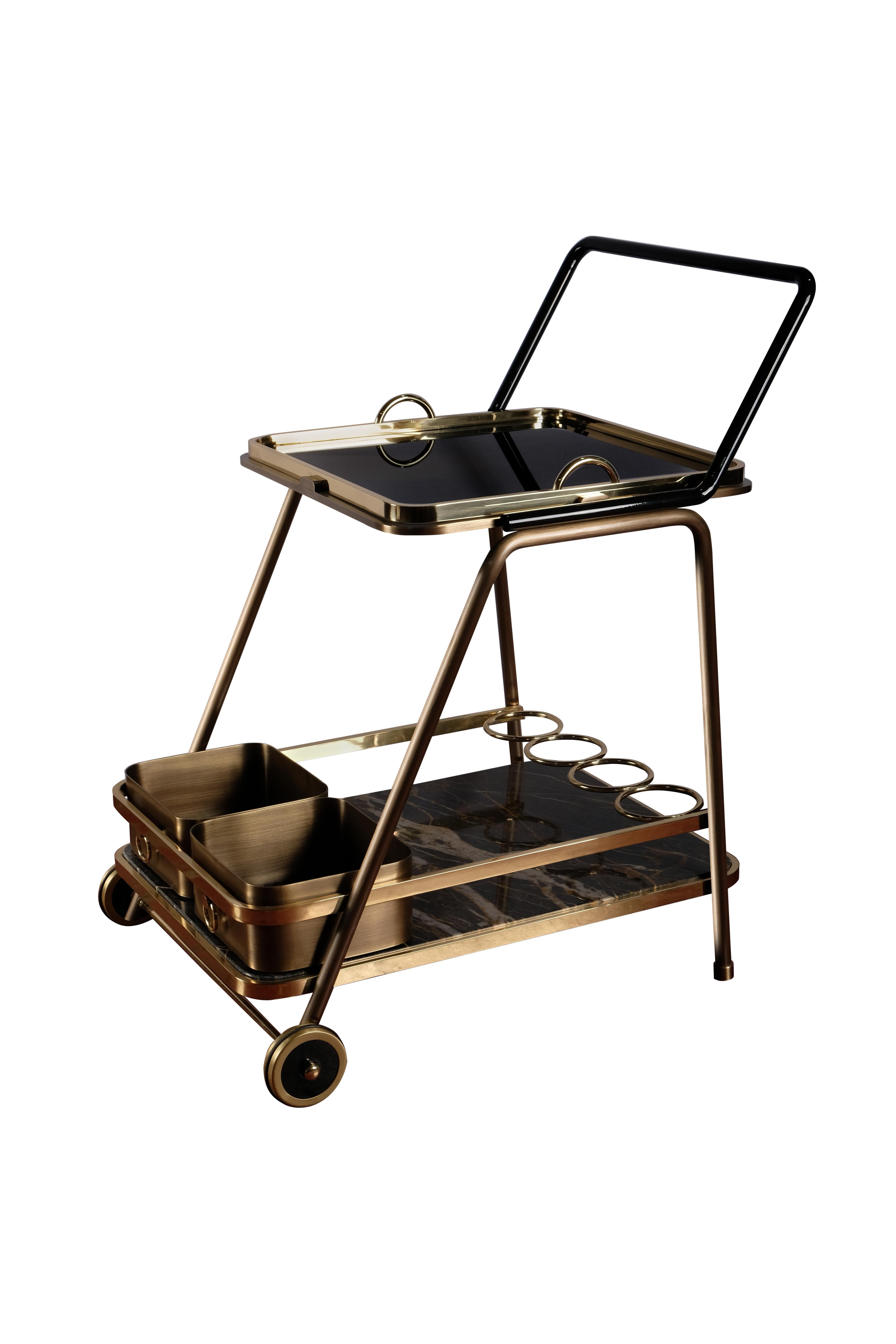 Brushed 21st Century Decatur Bar Cart Marble and Aged Brass
