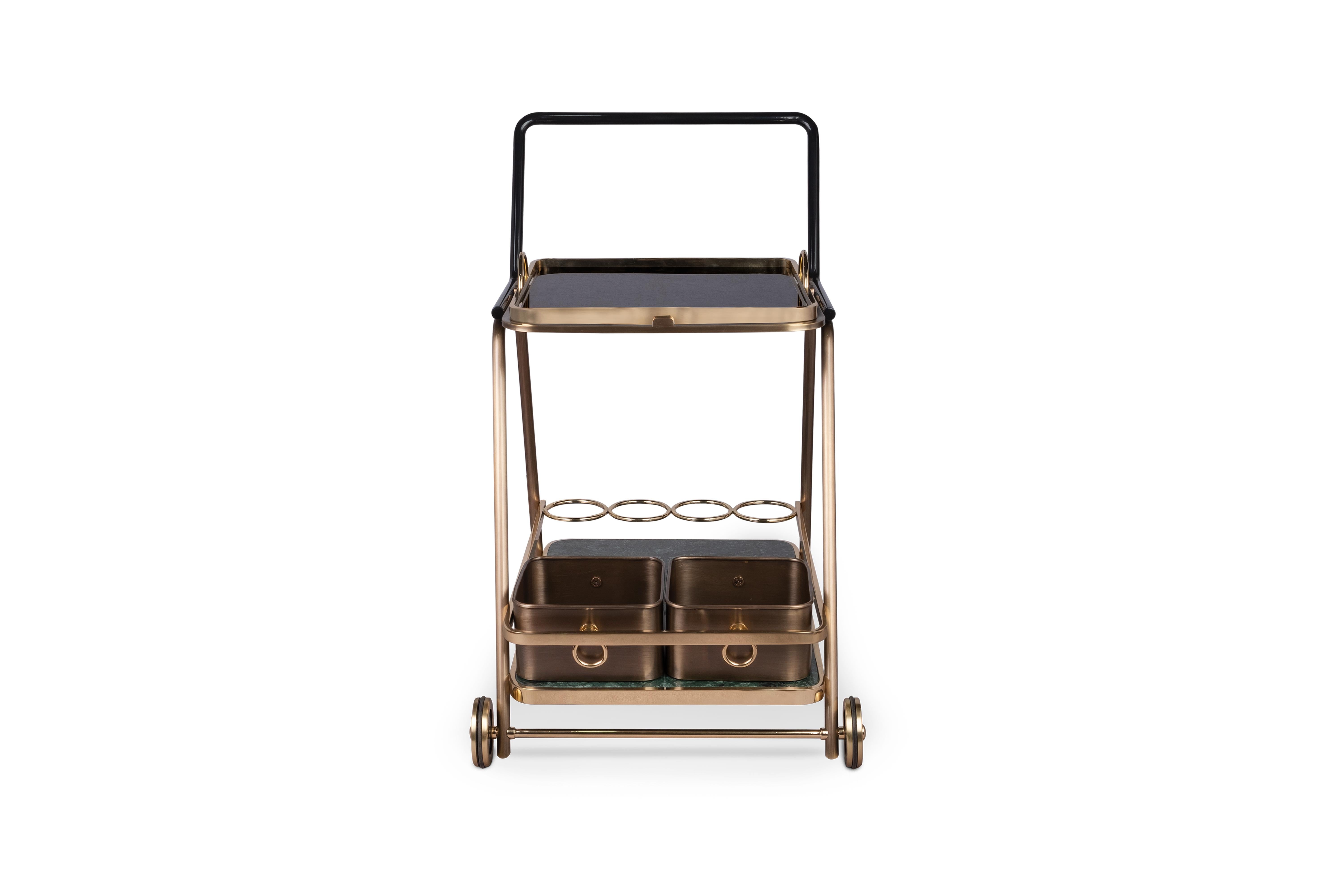 XXIe siècle et contemporain Chariot de bar Decatur du 21e siècle en marbre et laiton vieilli fait à la main  par Porus Studio en vente