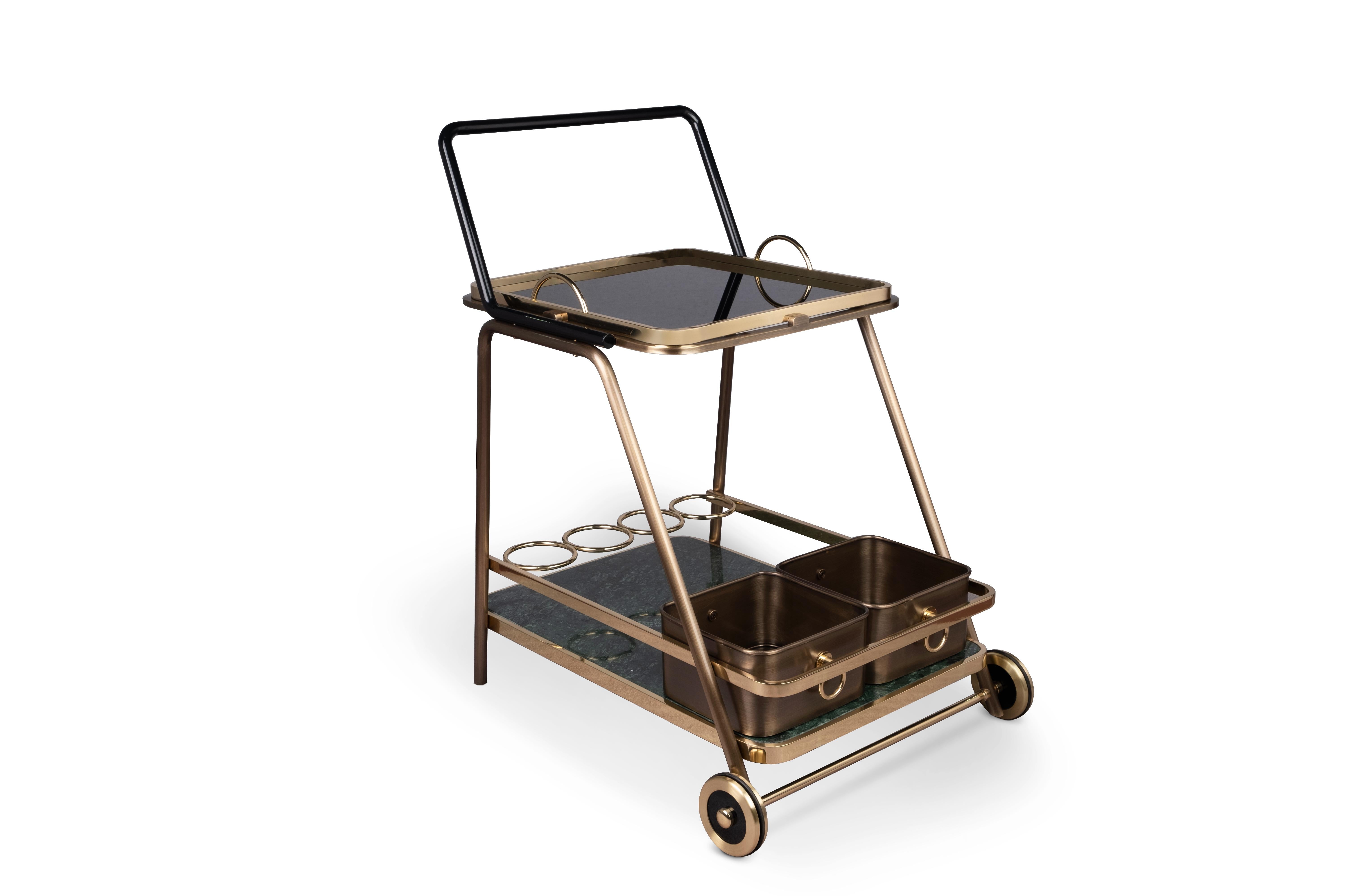 Laiton Chariot de bar Decatur du 21e siècle en marbre et laiton vieilli fait à la main  par Porus Studio en vente