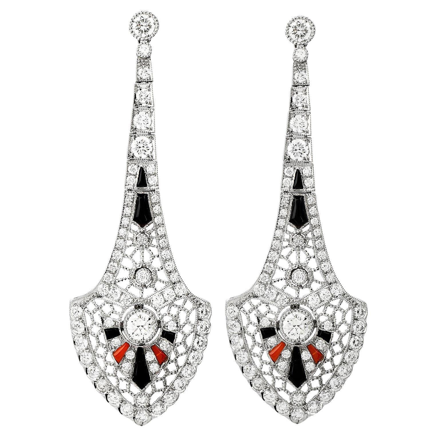 Striking Art Deco Platinum, Diamond and Onyx Chandelier Earrings For