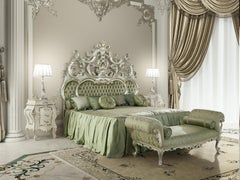 21st Century Deluxe Baroque Green Bed Bench by Modenese Interiors, Silver Leaf