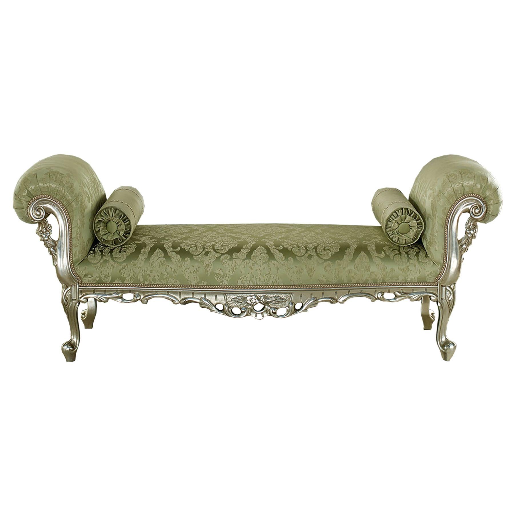21st Century Deluxe Baroque Green Bed Bench by Modenese Interiors, Silver Leaf For Sale