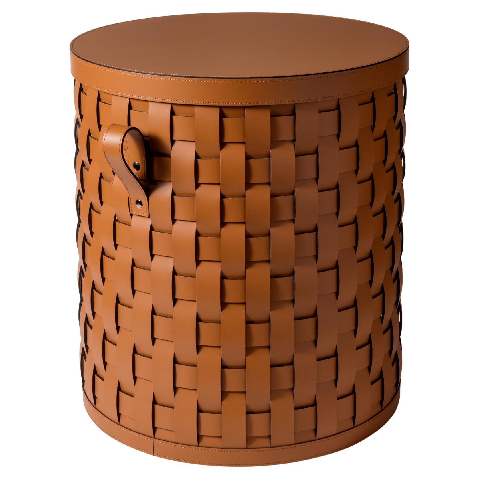 21st Century Demetra Round Laundry Basket Handwoven with Leather in Italy For Sale