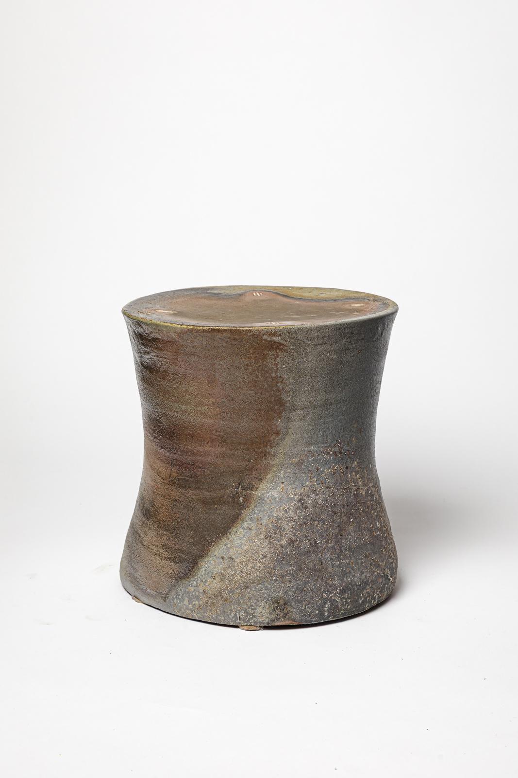 French 21st century design brown and grey ceramic stool or low table by B. Chassang 1/2 For Sale