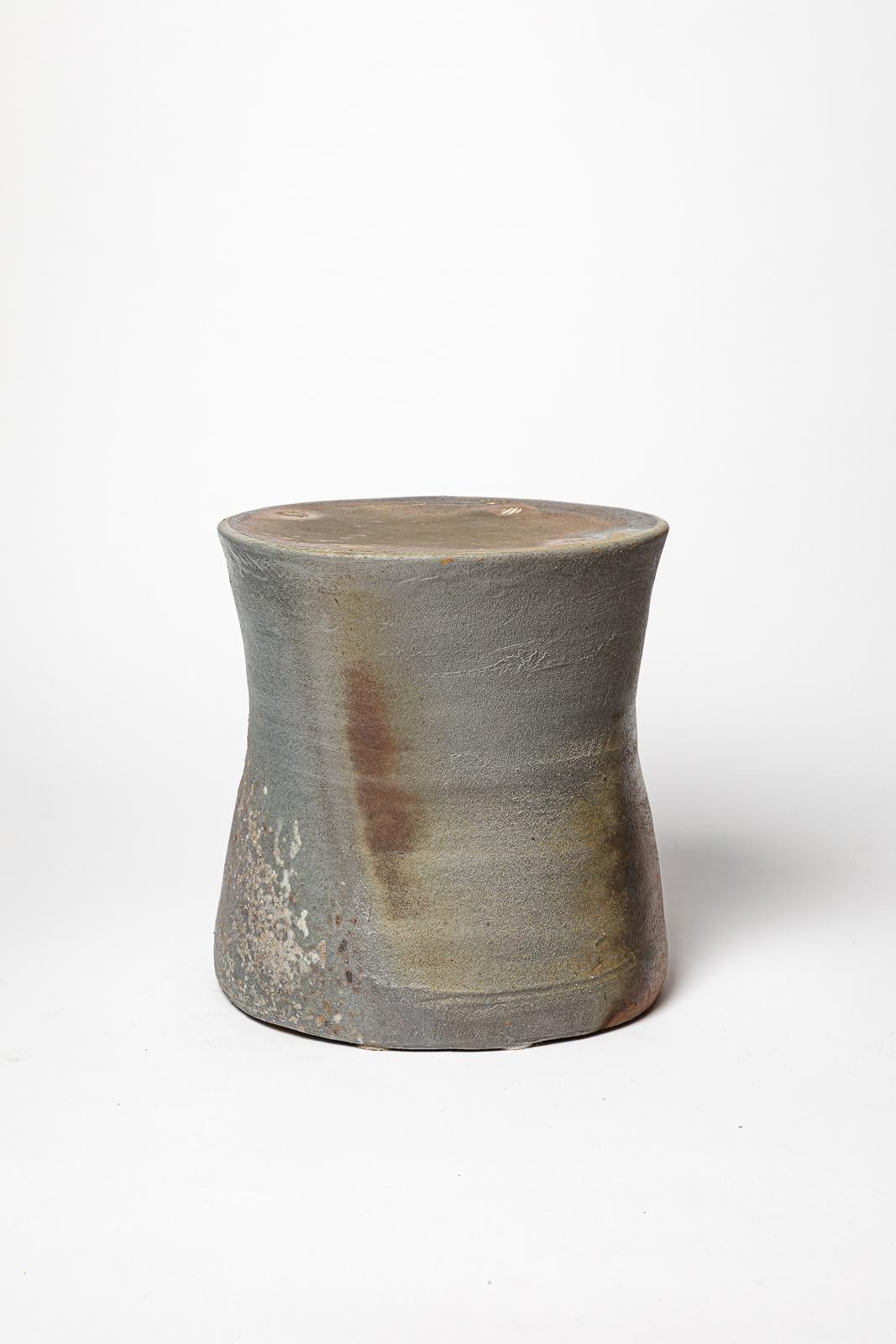 Ceramic 21st century design brown and grey ceramic stool or low table by B. Chassang 1/2 For Sale