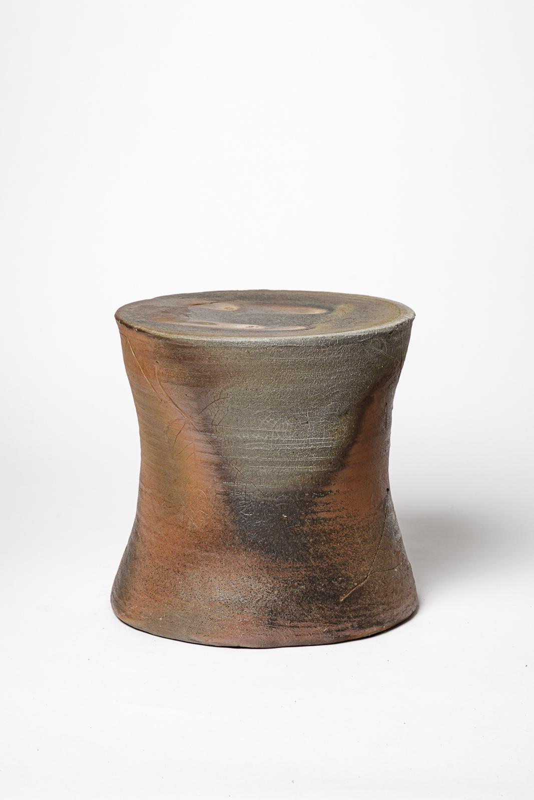 Modern 21st century design brown and grey ceramic stool or low table by B. Chassang 2/2 For Sale
