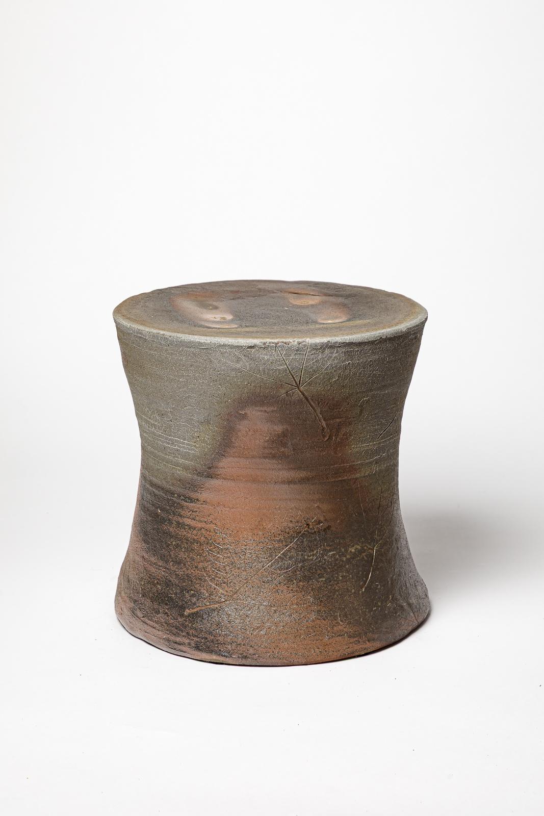 French 21st century design brown and grey ceramic stool or low table by B. Chassang 2/2 For Sale